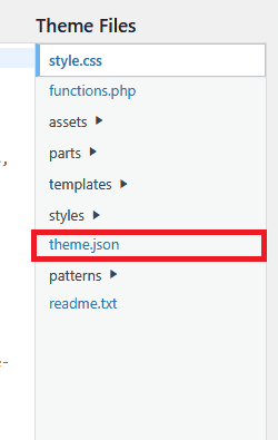 theme.json file visible at root level in WordPress Theme Files