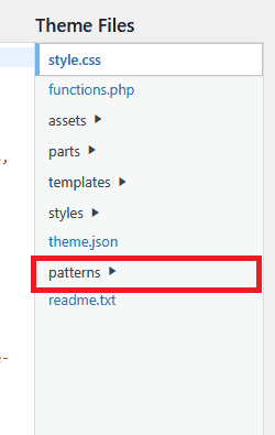 Patterns folder in WordPress Theme Files editor