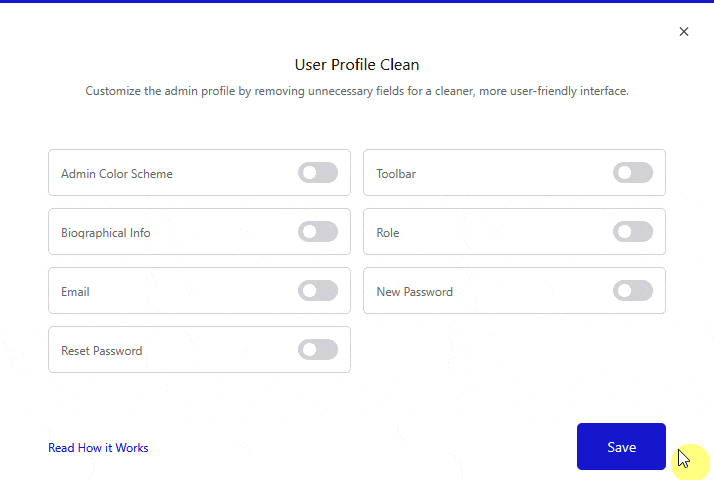 user profile clean popup