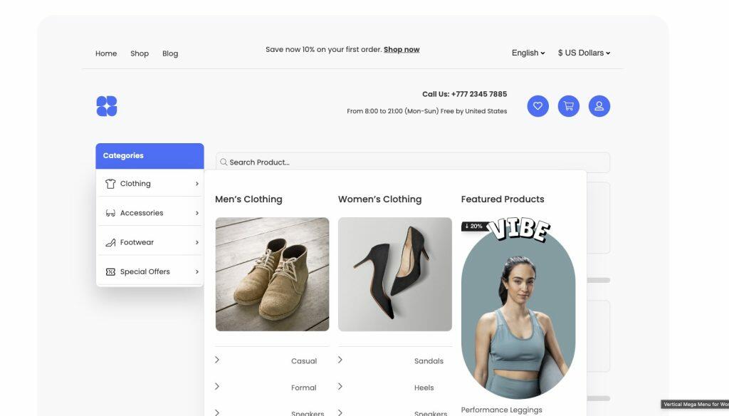 WordPress mega menu layout with multiple columns and images