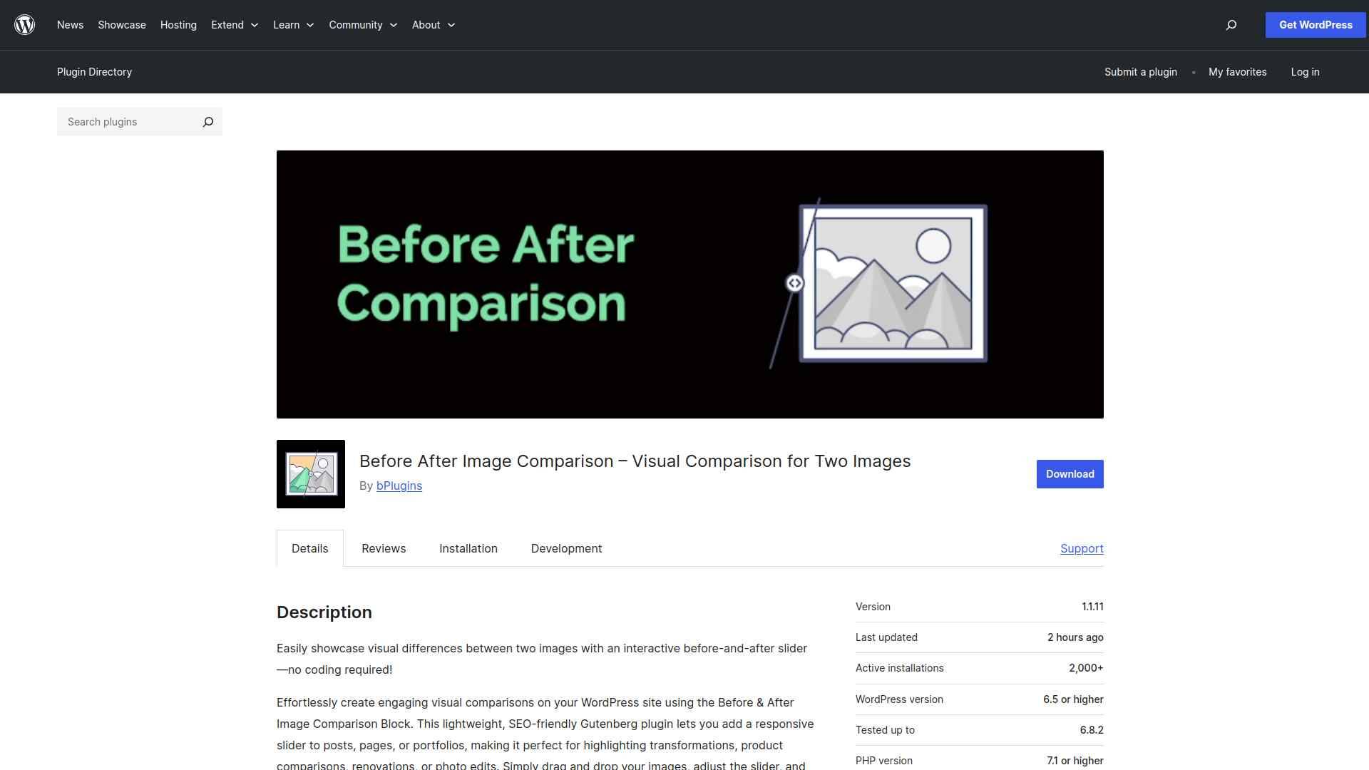 Before After Image Comparison plugin block interface in the Gutenberg editor