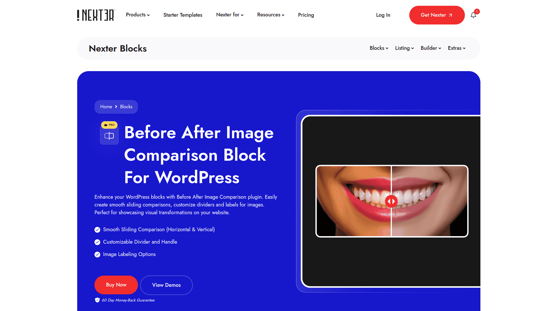 Before After block in Nexter Blocks showing the draggable comparison slider in the Gutenberg editor