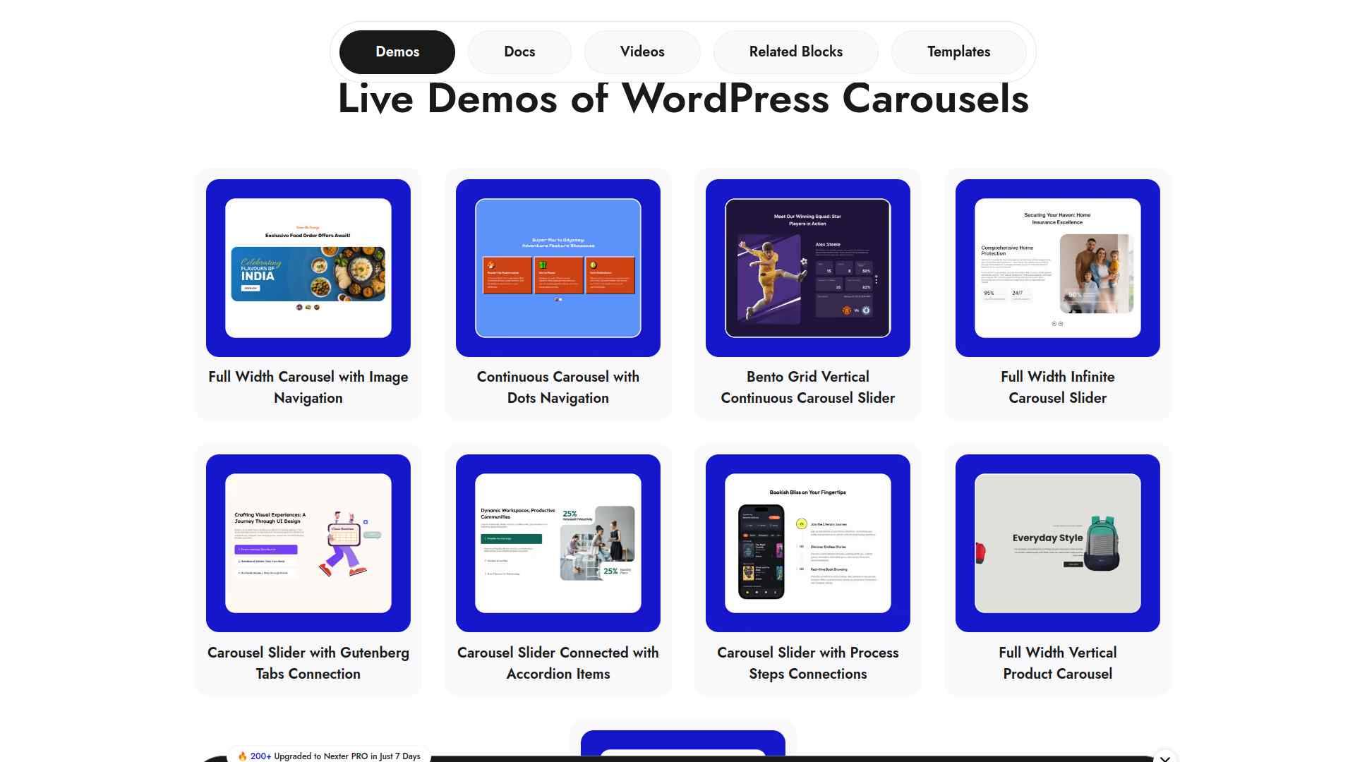Nexter Advanced Carousel Sliders block demo with multiple layout styles and smooth interaction on a live page