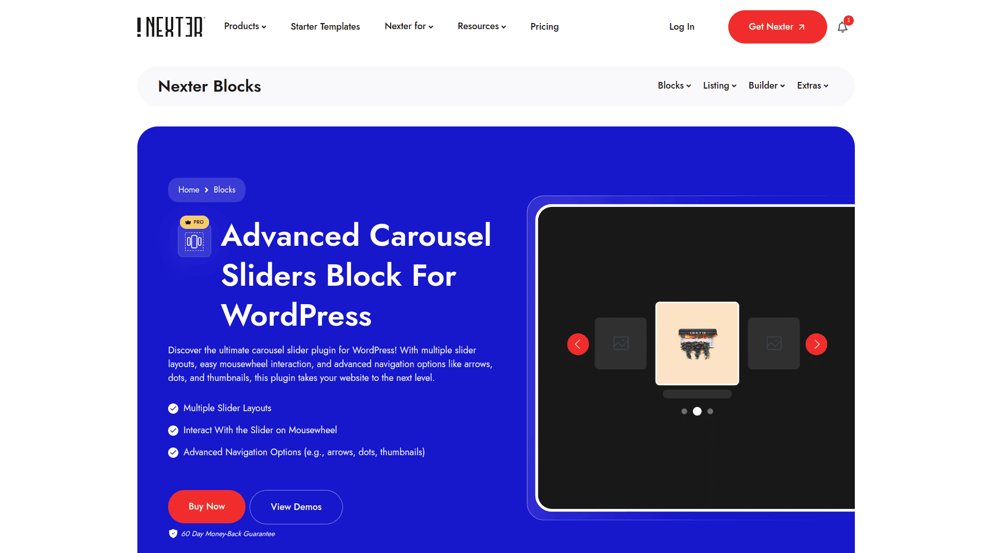 Carousel Slider block in Nexter Blocks showing layout options and navigation controls in the Gutenberg editor