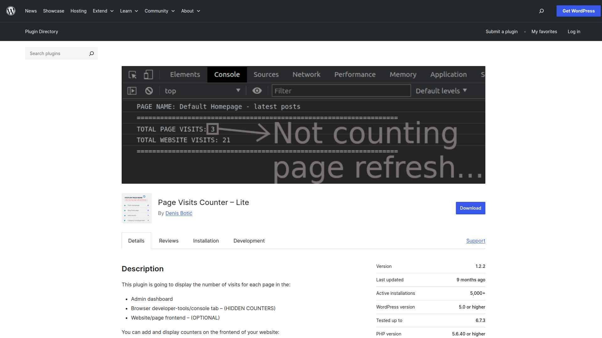 Page Visits Counter Lite per-page visit counts in the WordPress dashboard