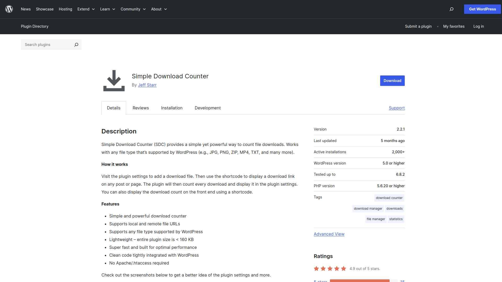 Simple Download Counter tracking WordPress file downloads via shortcode