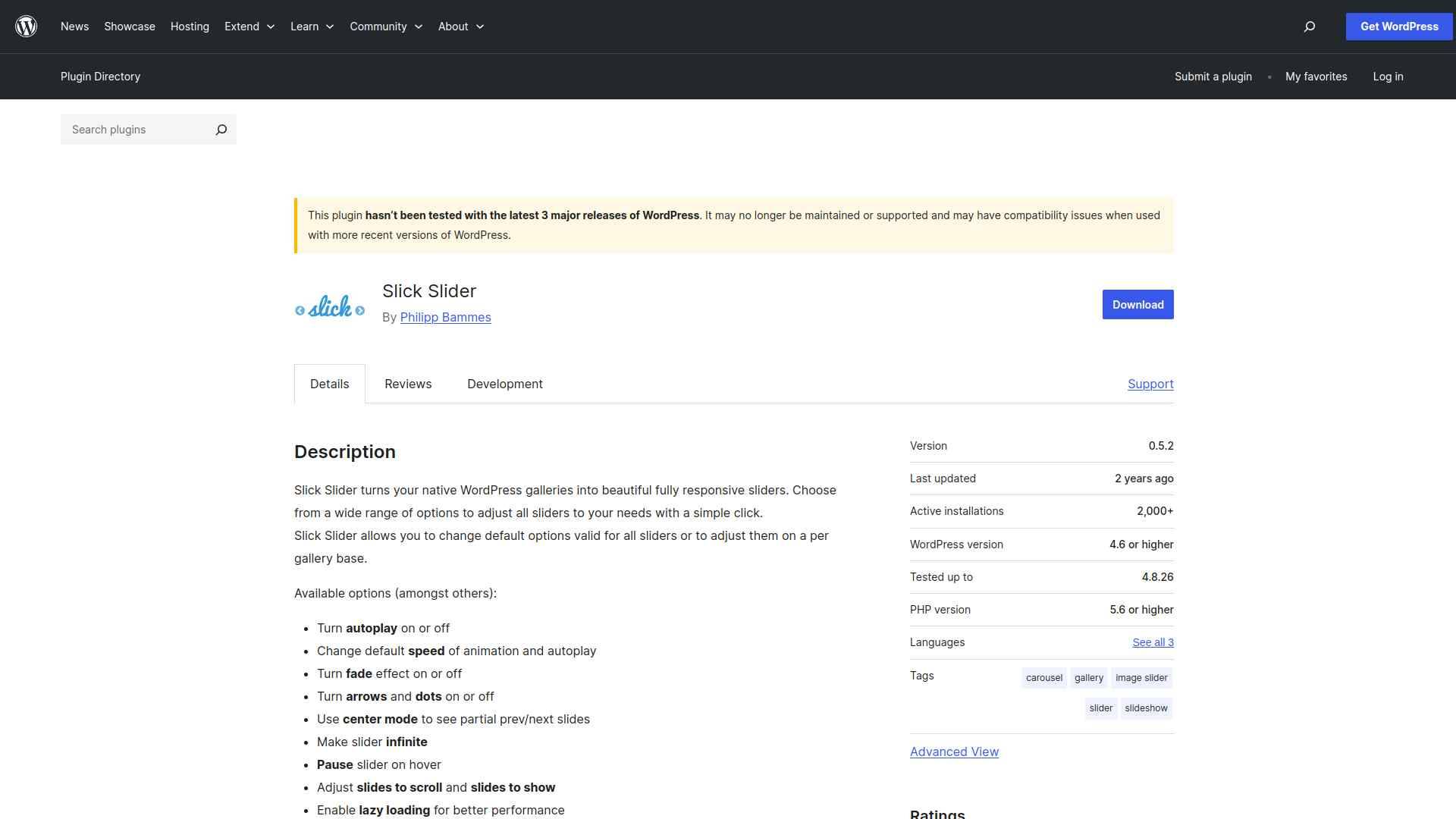 Slick Slider plugin converting a native WordPress gallery into a responsive carousel slider with autoplay and lazy loading
