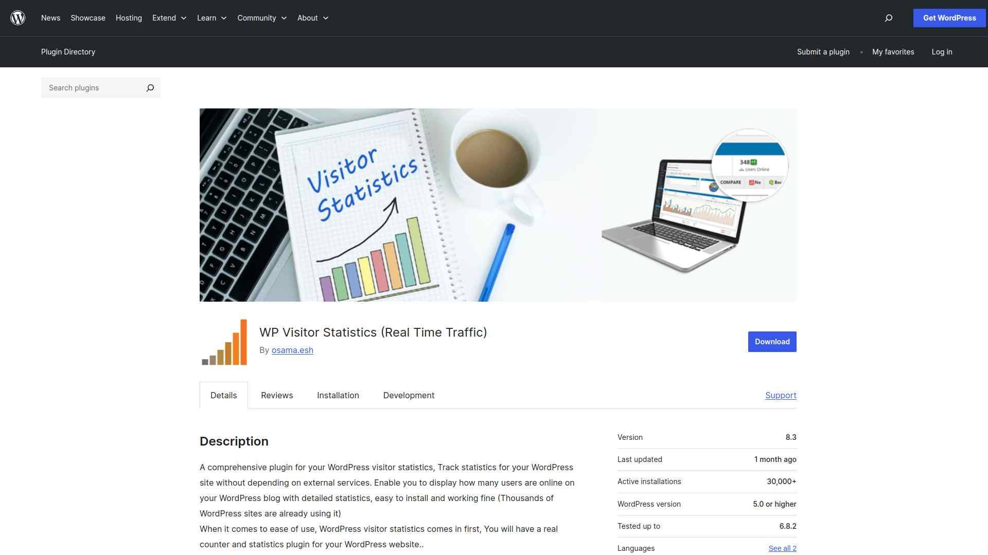 WP Visitor Statistics real-time traffic dashboard in WordPress admin