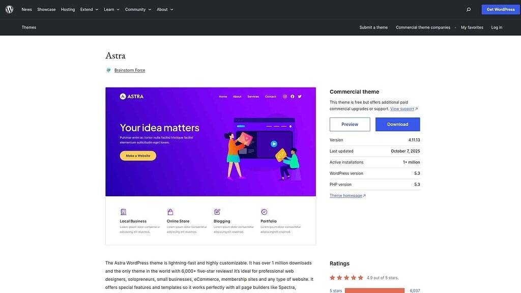 Astra WordPress theme homepage