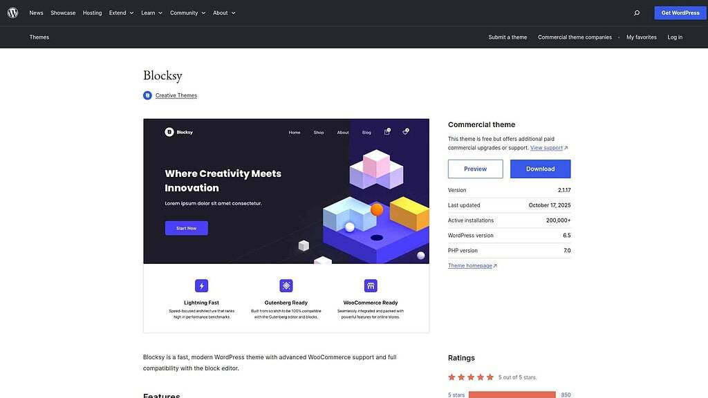Blocksy WordPress theme landing page by Creative Themes