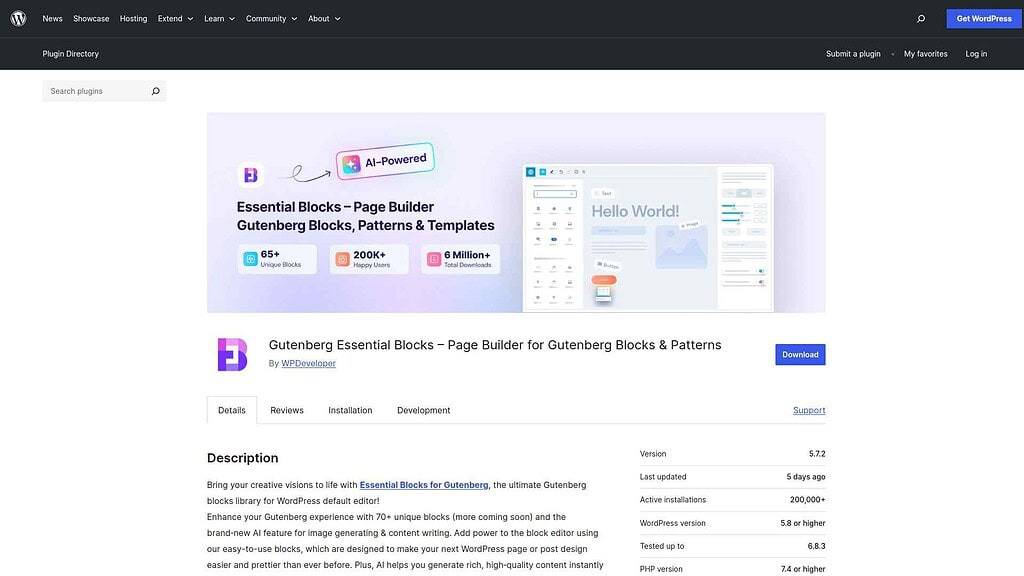Essential Blocks for Gutenberg landing page showing its block library