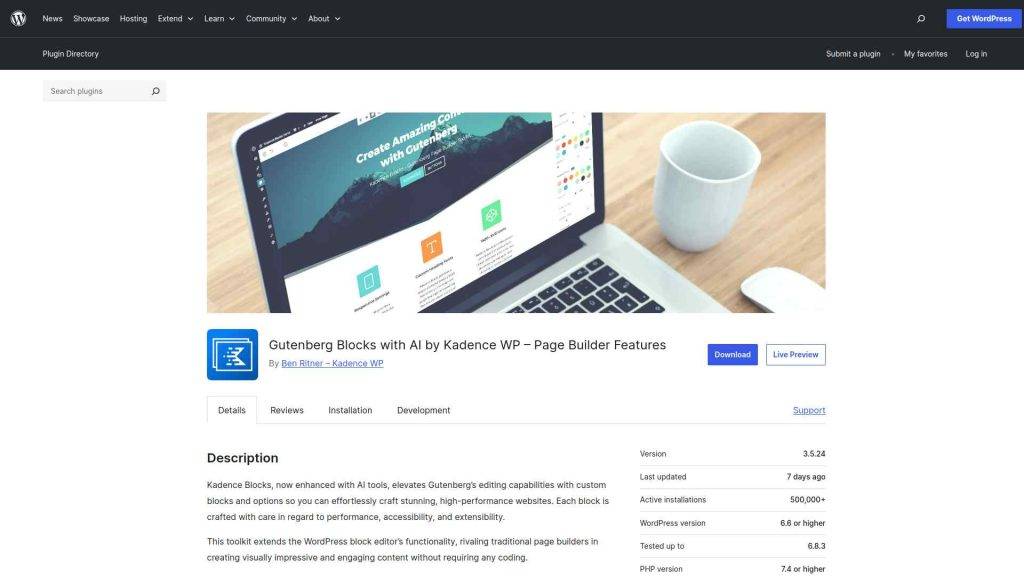 Kadence Blocks plugin landing page showing its Gutenberg block library