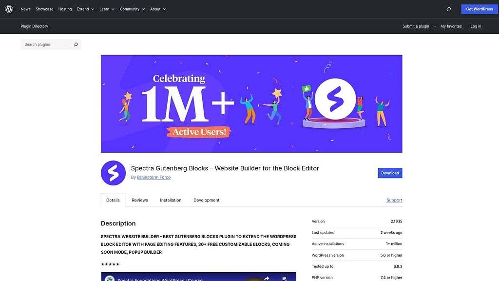 Spectra Gutenberg blocks plugin landing page