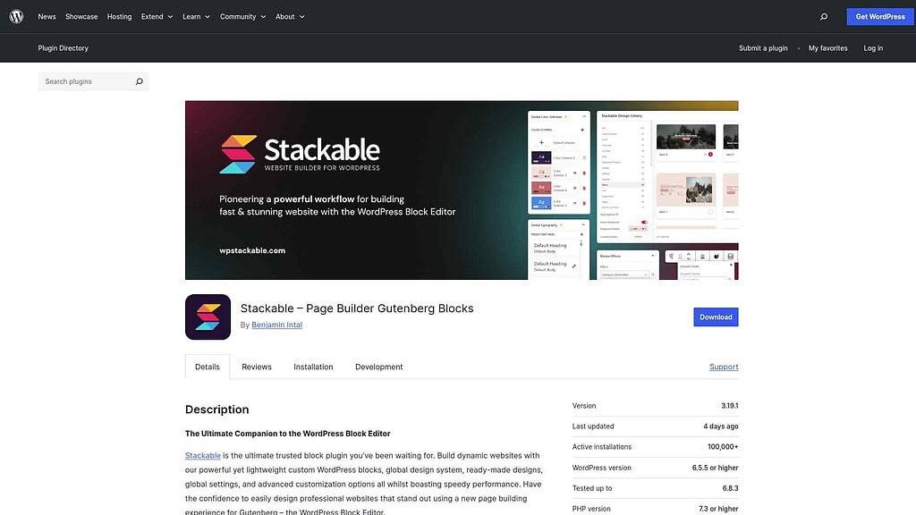 Stackable page builder Gutenberg blocks plugin landing page