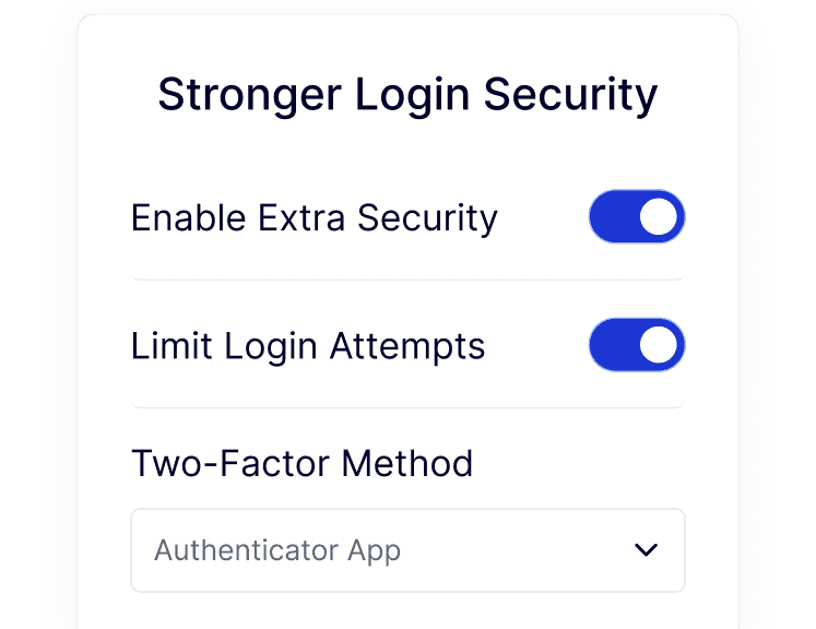 Login security options including two-factor authentication and limit login attempts
