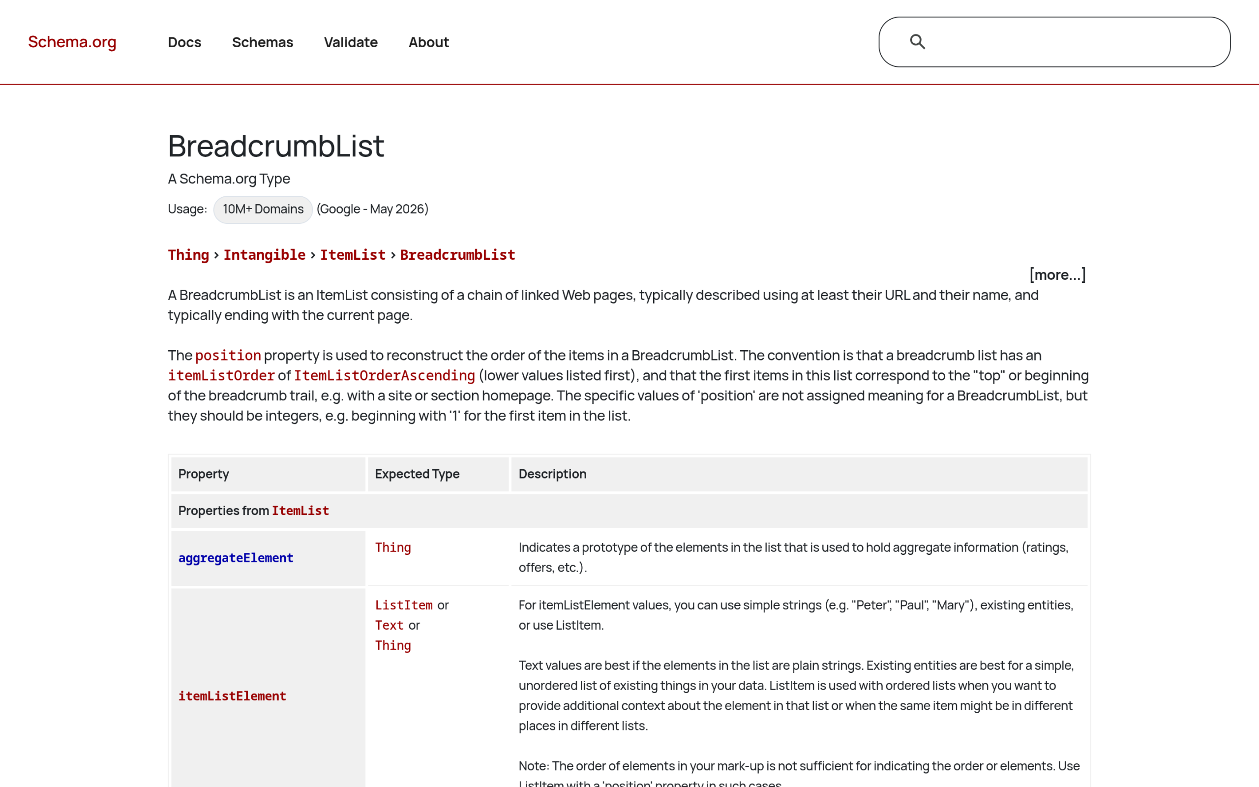 schema.org BreadcrumbList reference page describing the structured data type