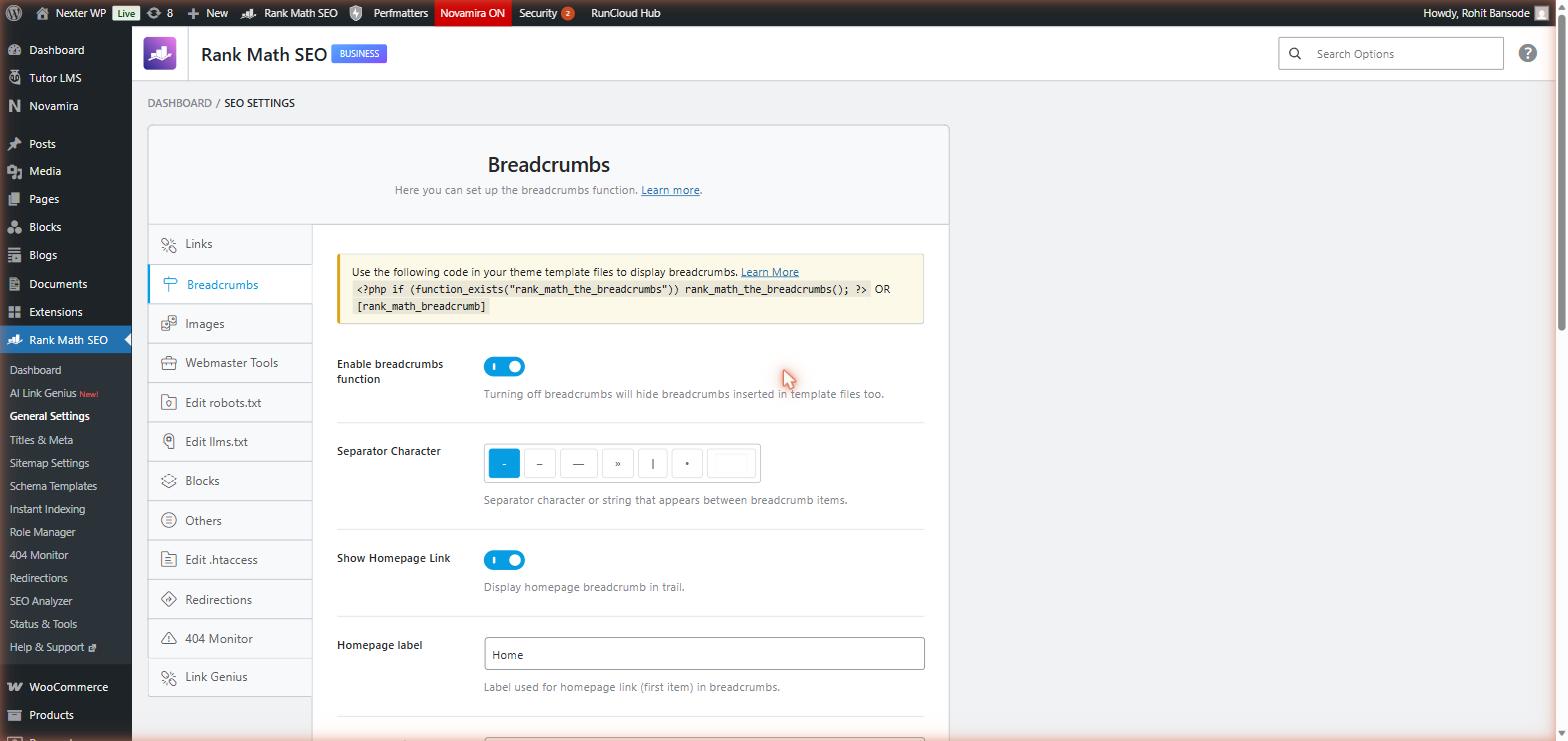 Rank Math SEO breadcrumbs settings page with the Enable Breadcrumbs Function toggle turned on