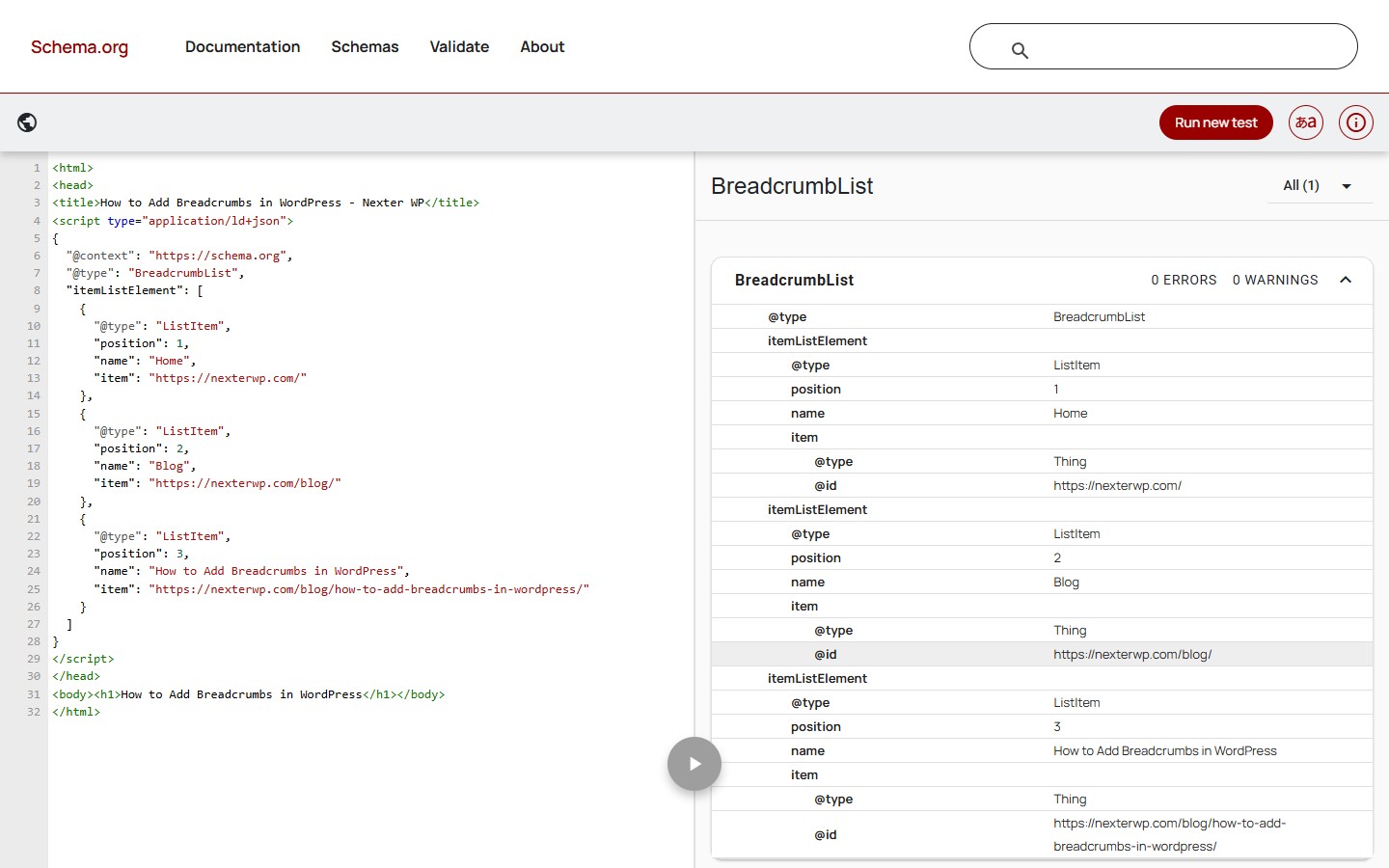 Schema.org structured data validator showing BreadcrumbList detected with zero errors