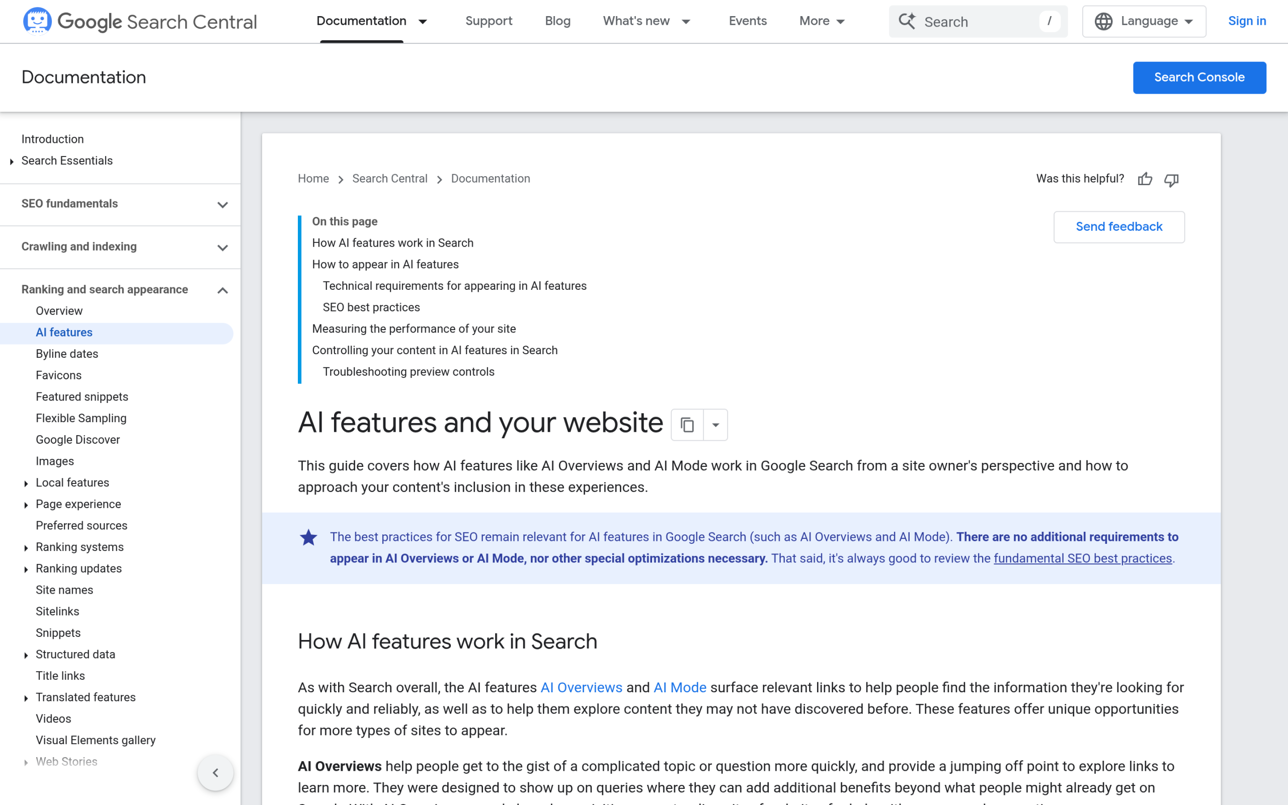 Google Search AI features documentation