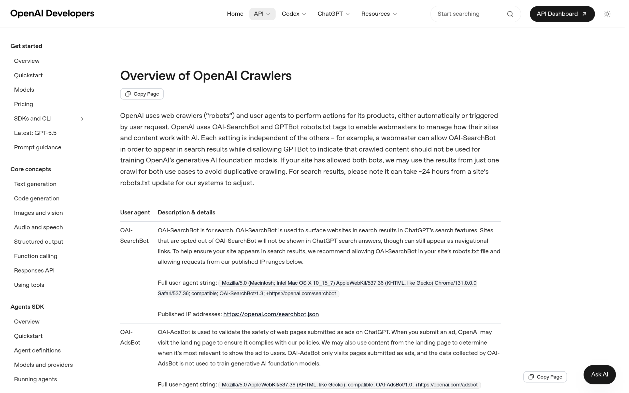 OpenAI bots documentation listing GPTBot, OAI-SearchBot and ChatGPT-User user agents