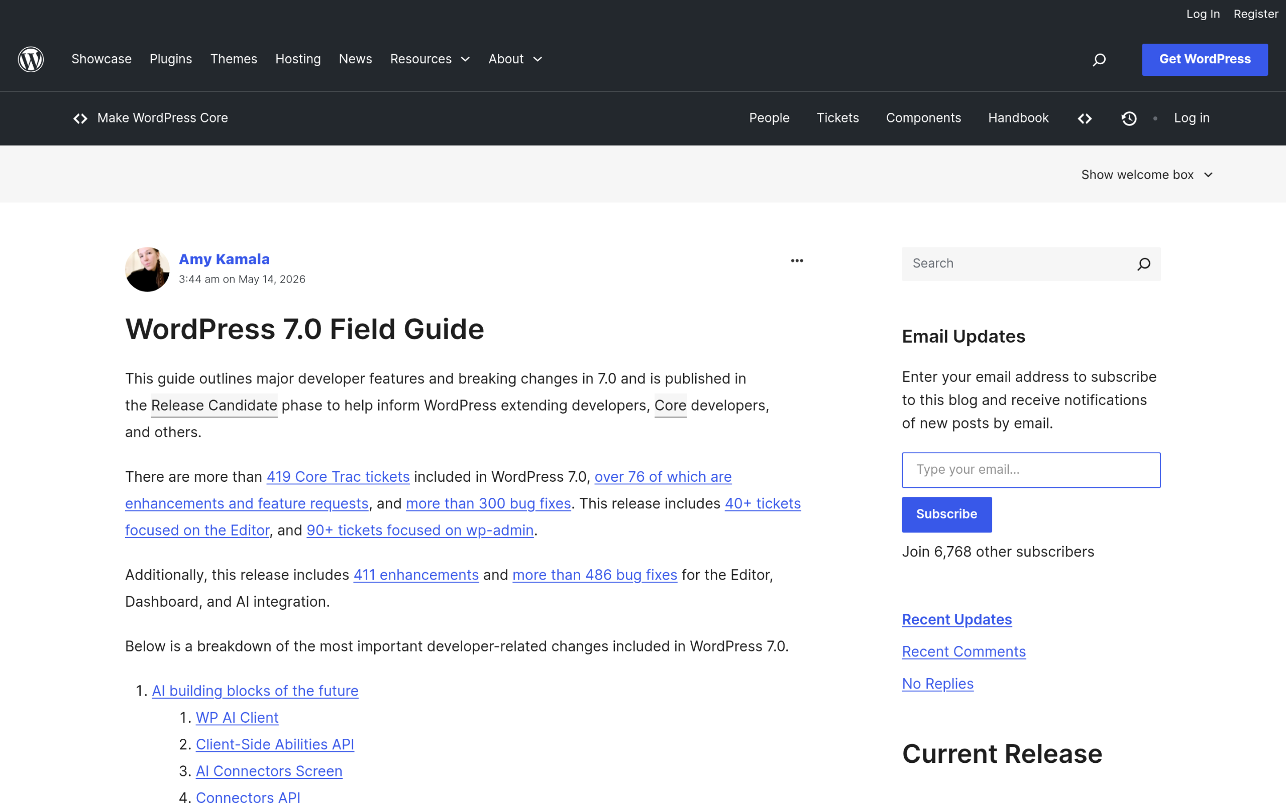 WordPress 7.0 Field Guide page on make.wordpress.org