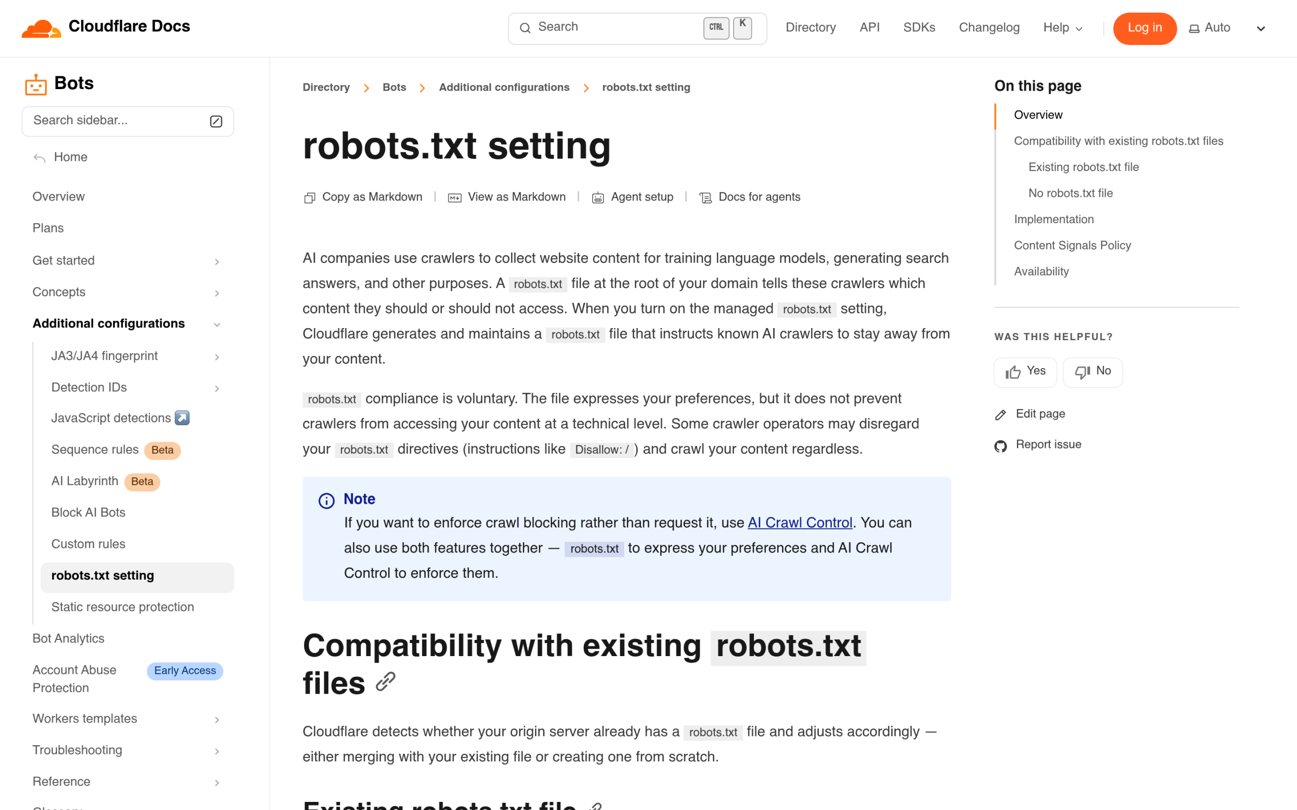 Cloudflare managed robots.txt and AI crawler documentation showing bot analytics