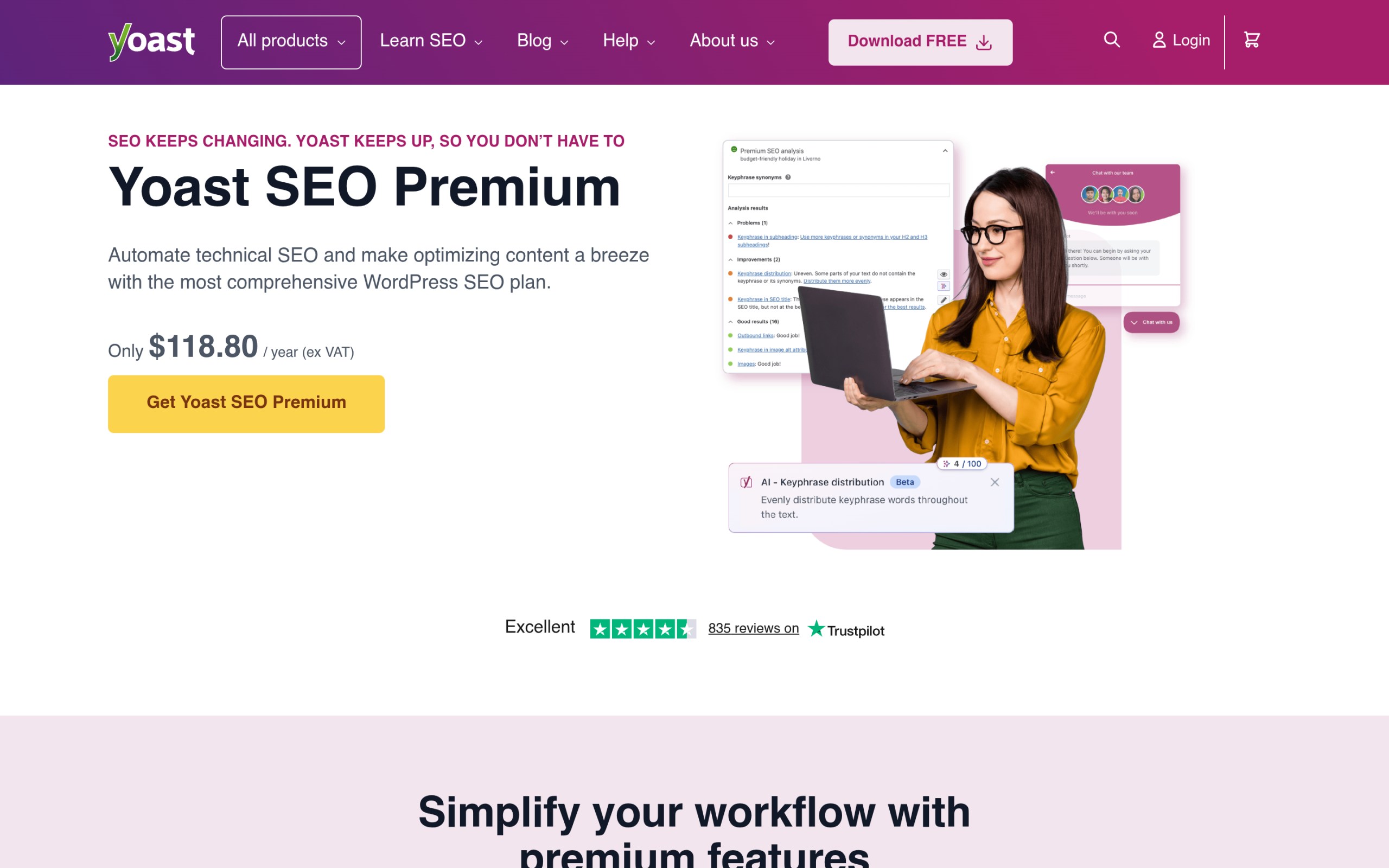 Yoast SEO plugin page showing free and Premium features