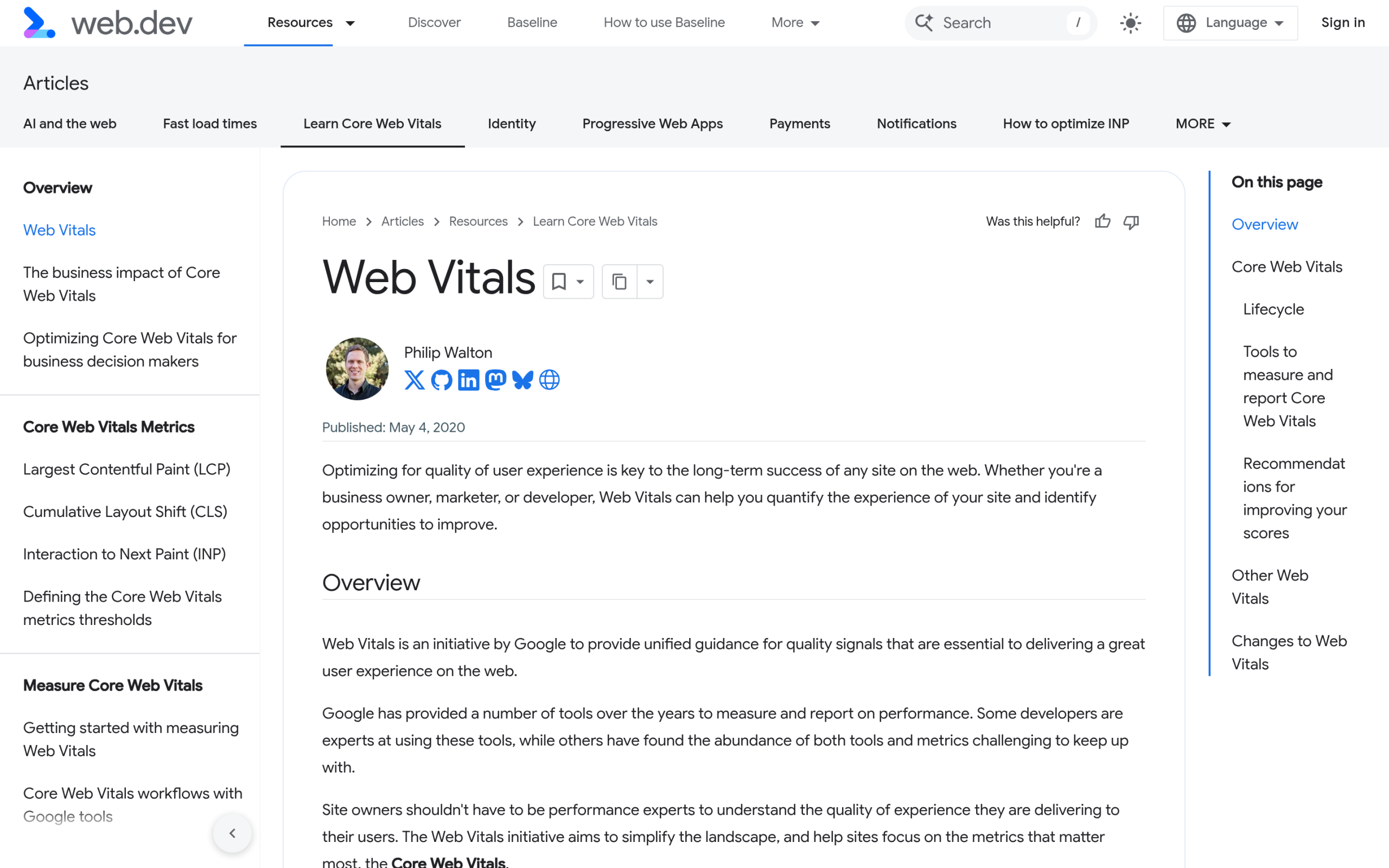 web.dev page showing the three Core Web Vitals and their good thresholds
