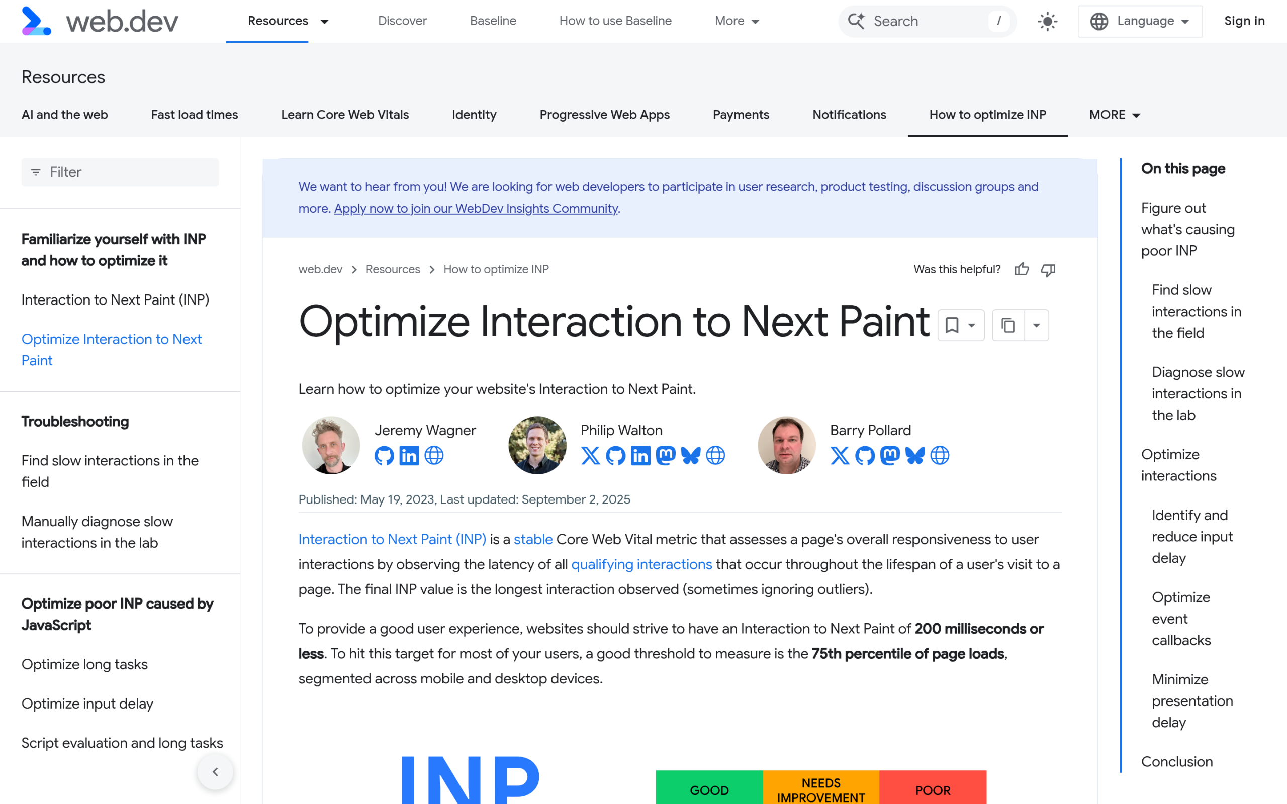 web.dev guide on optimizing Interaction to Next Paint