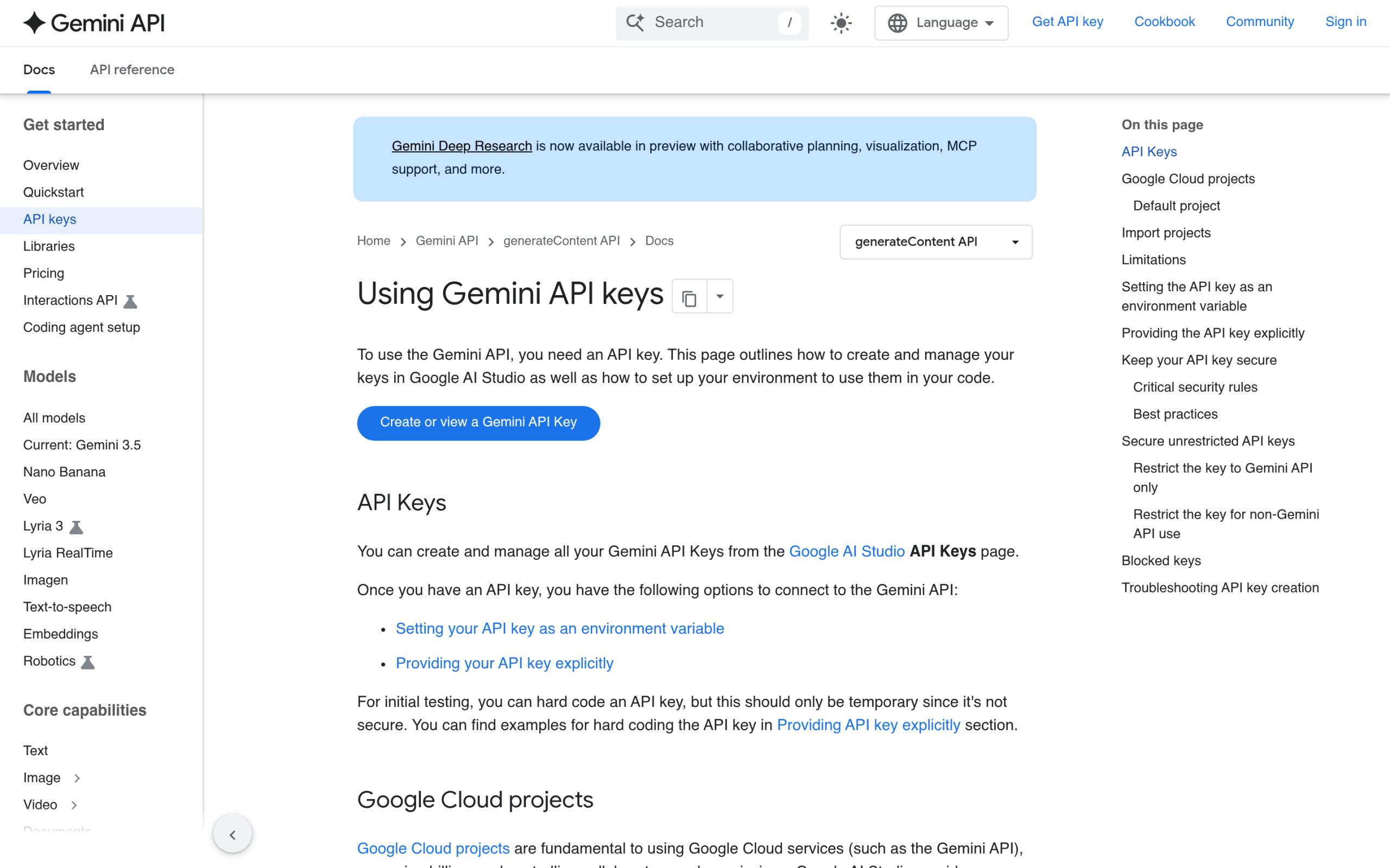Gemini API key security guidance: never expose API keys on the client-side