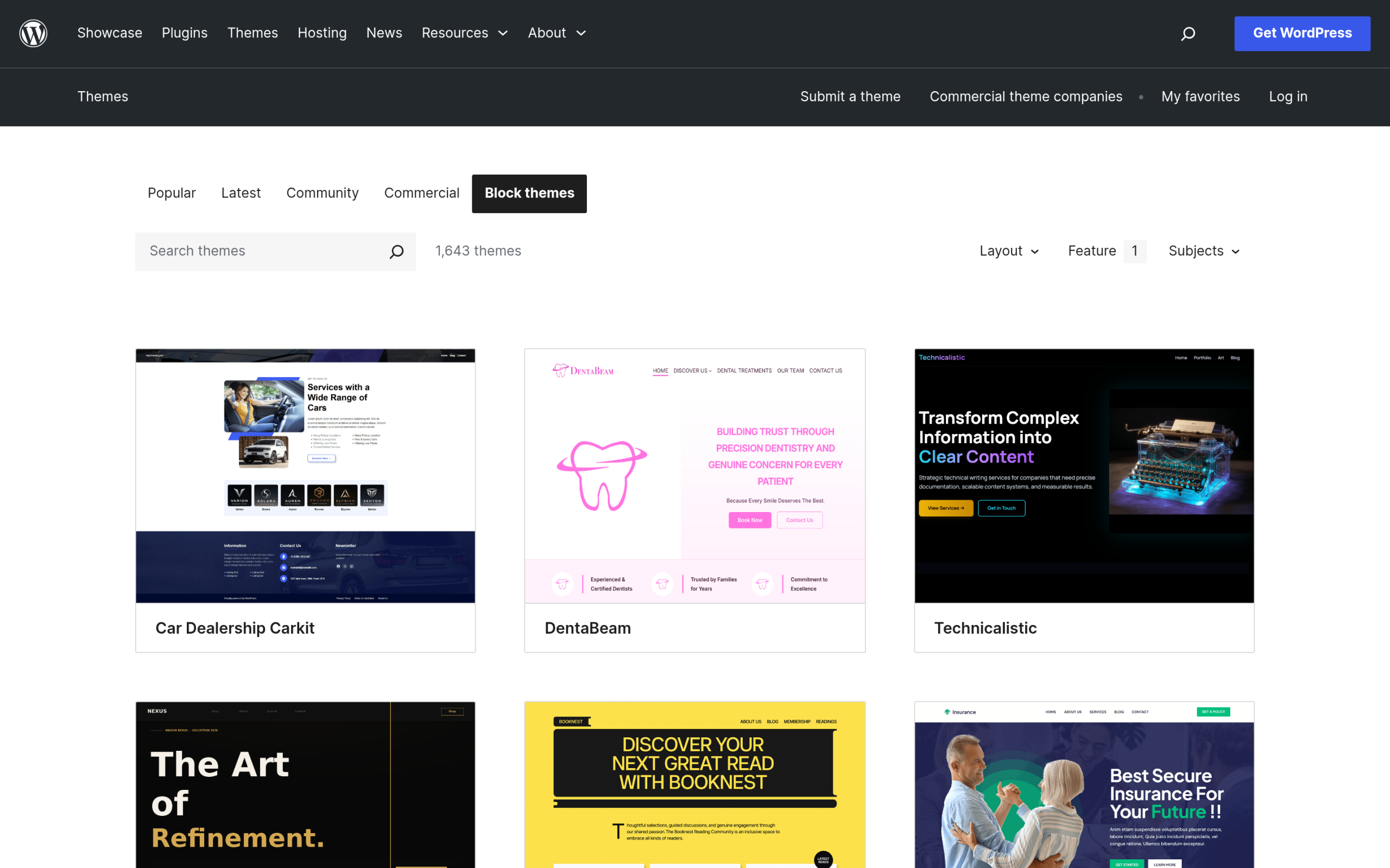 WordPress.org theme directory showing 1,643 block themes