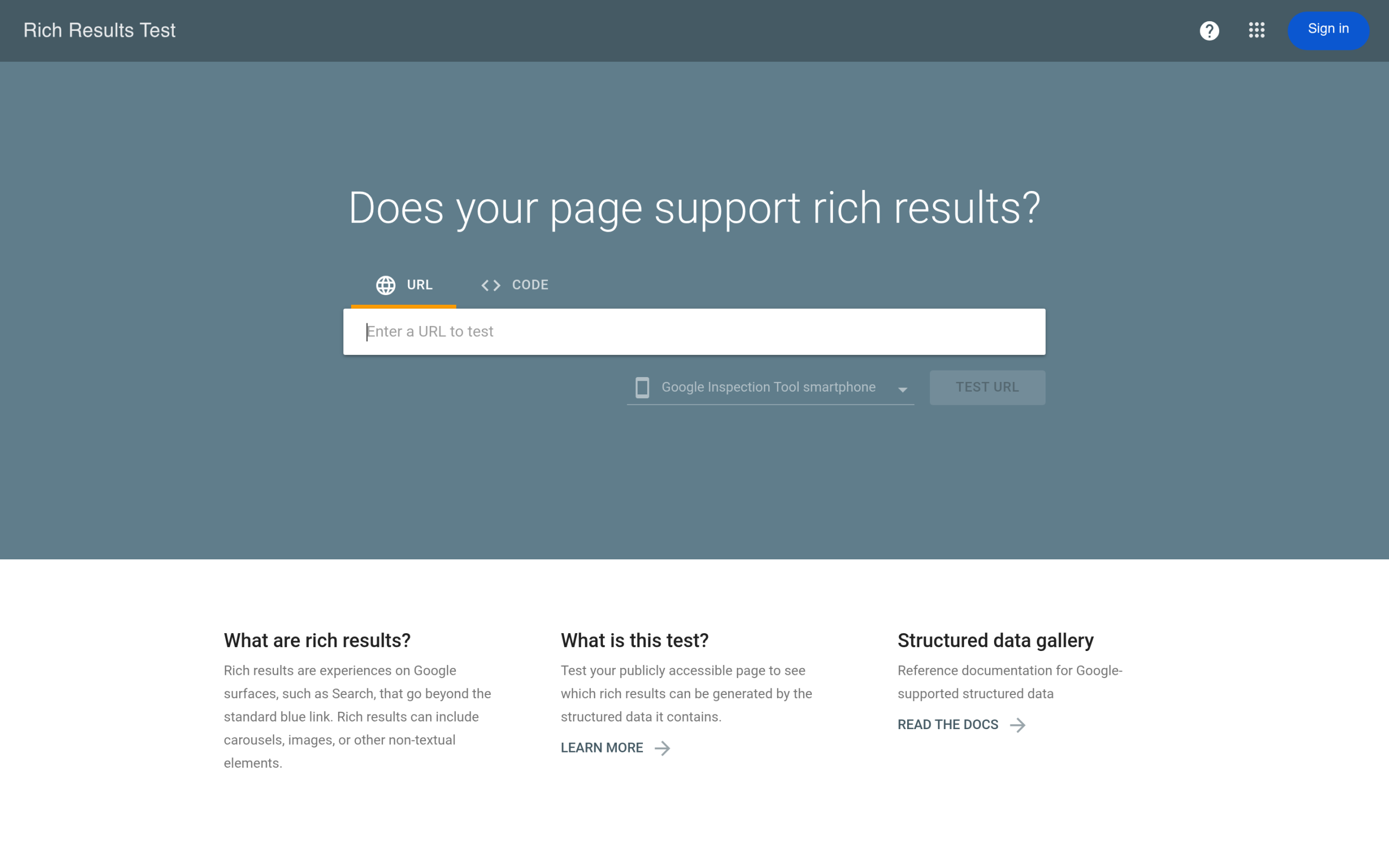 Google Rich Results Test tool for validating FAQ schema JSON-LD