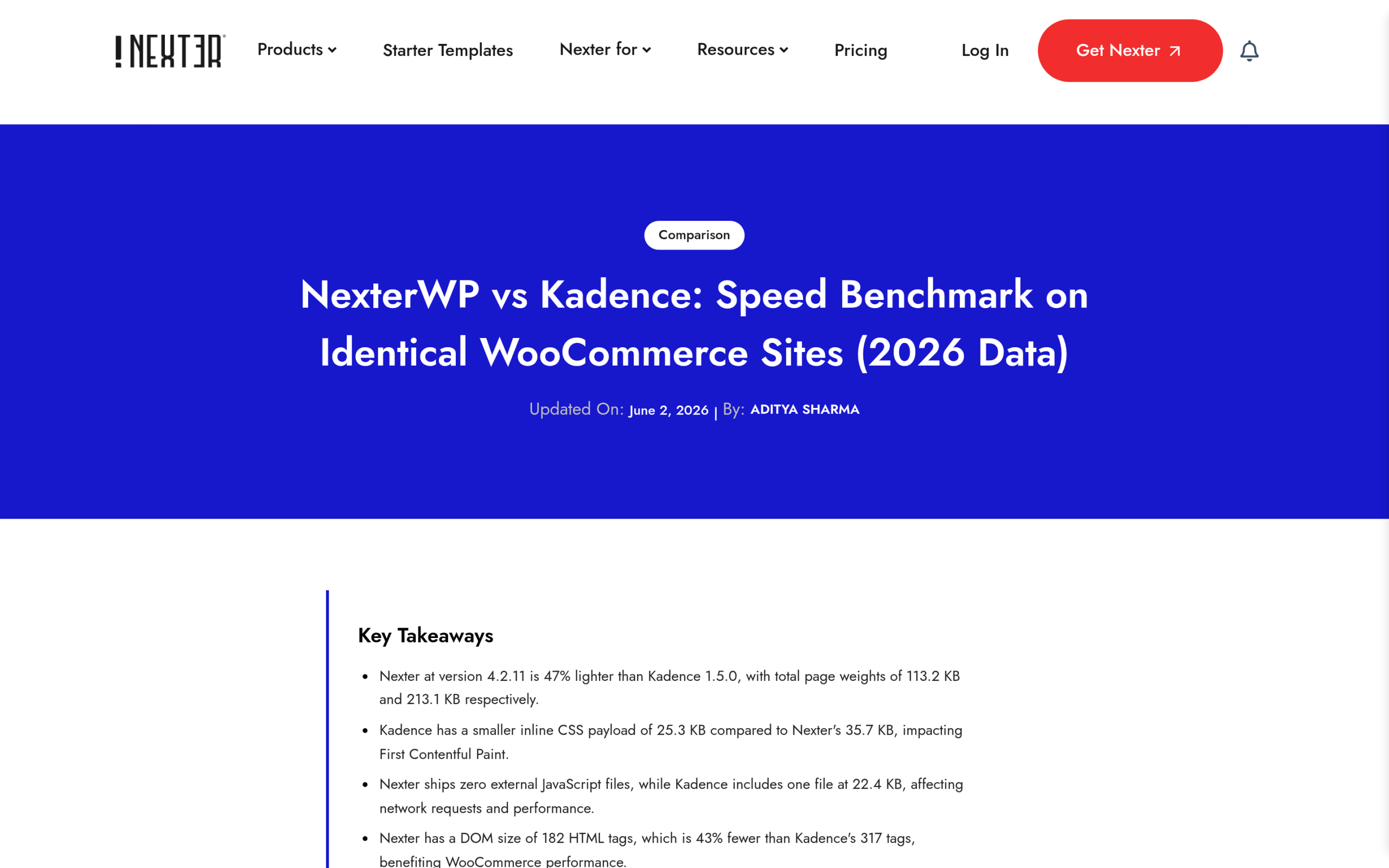 NexterWP vs Kadence speed benchmark showing 113.2 KB versus 213.1 KB page weight