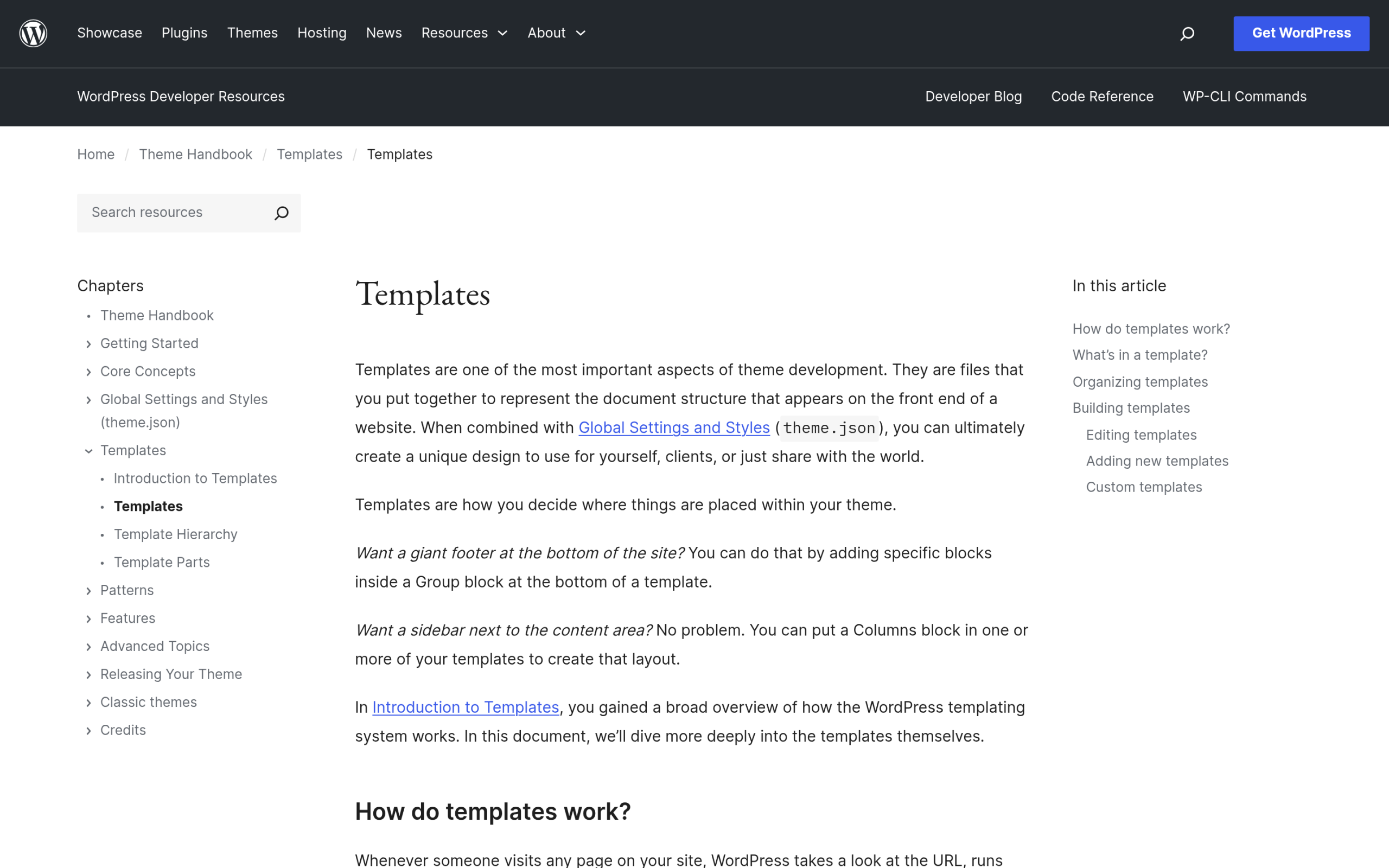 WordPress theme handbook page showing block template files