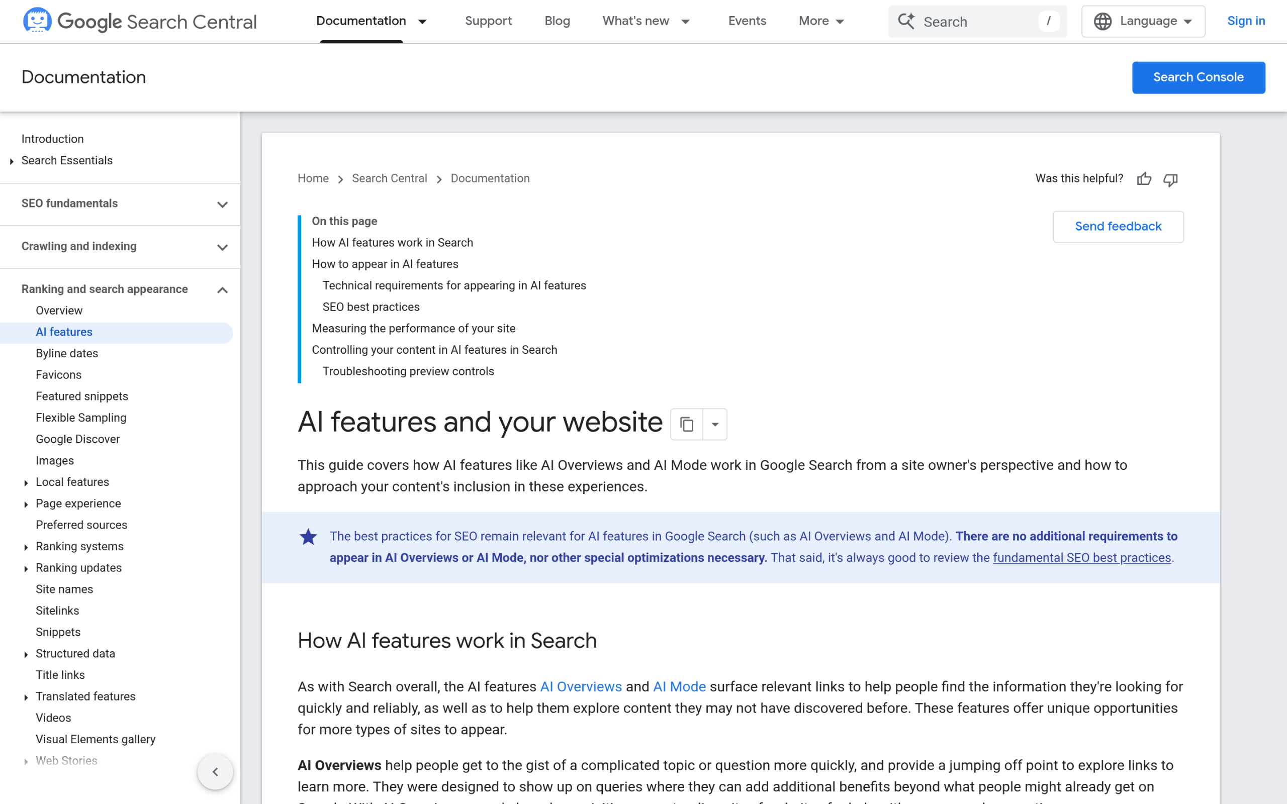 Google documentation stating no special requirements or markup needed for AI Overviews or AI Mode