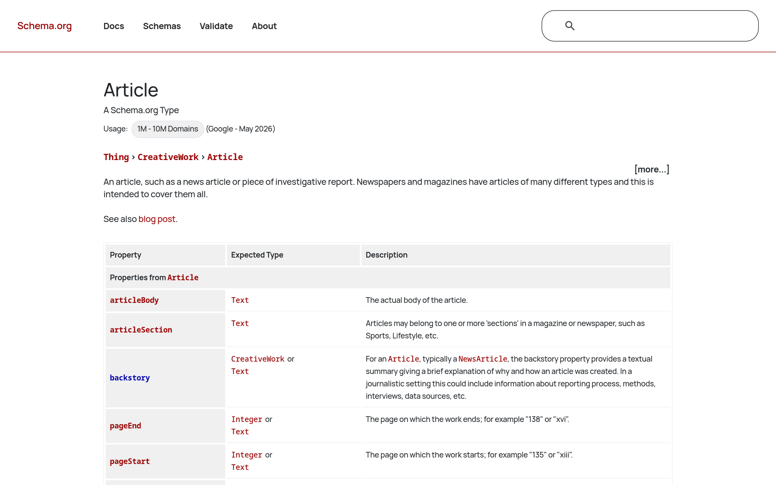 Schema.org Article structured data type