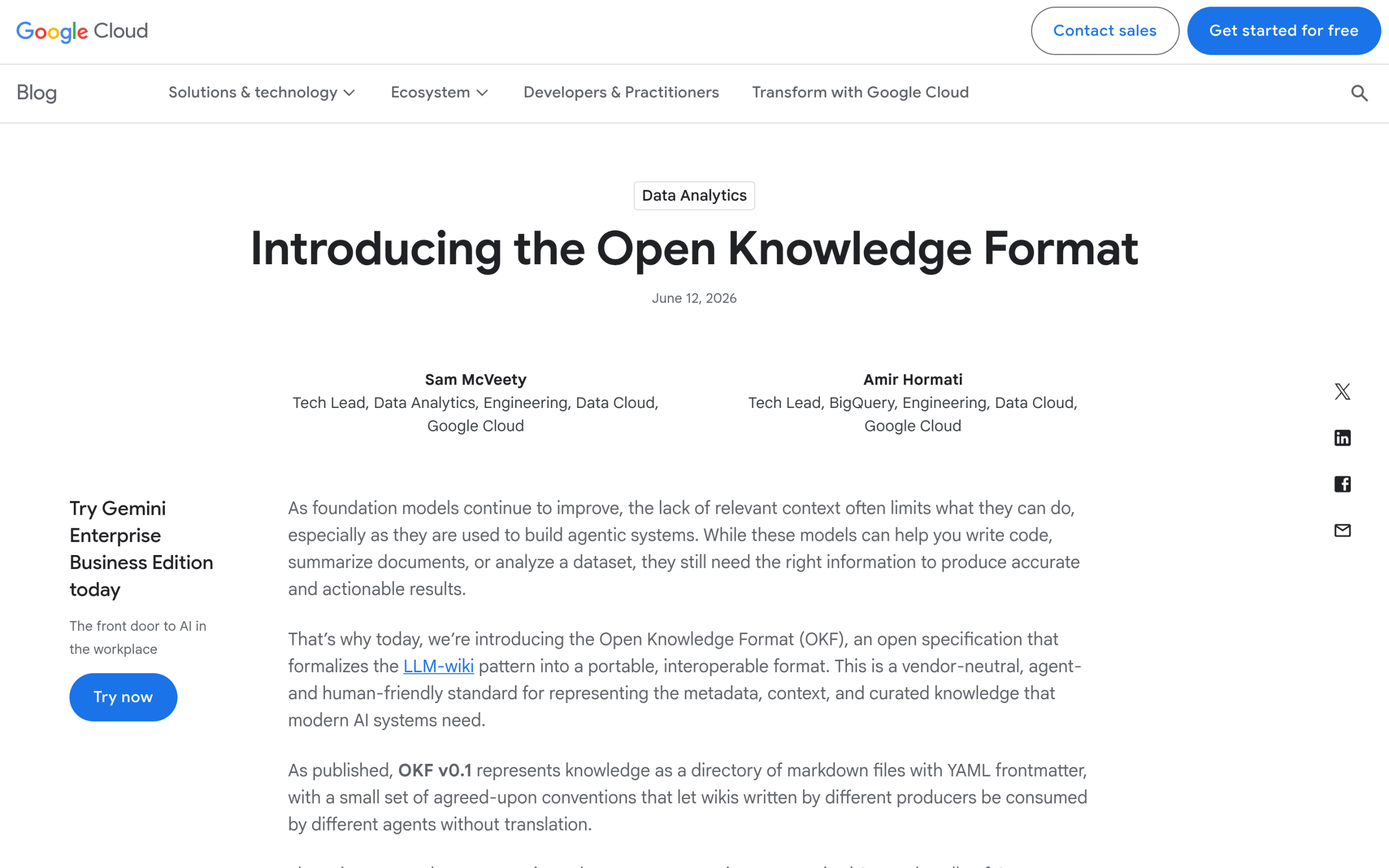 Google Cloud announcement of the Open Knowledge Format (OKF)