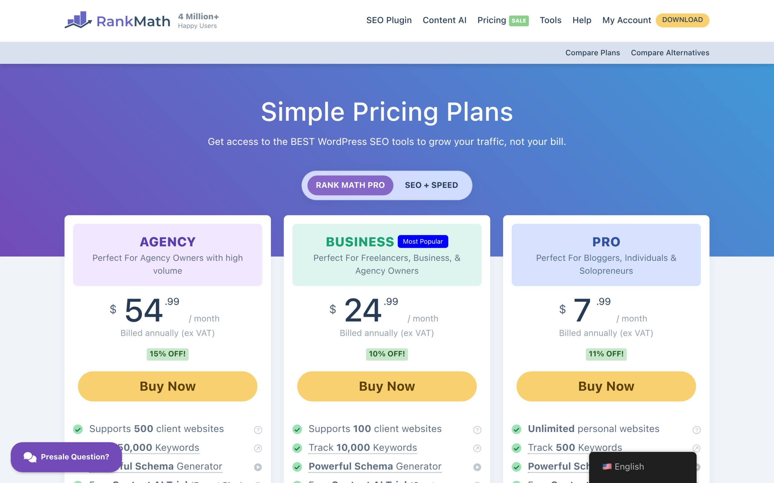 Rank Math pricing tiers PRO Business Agency 2026