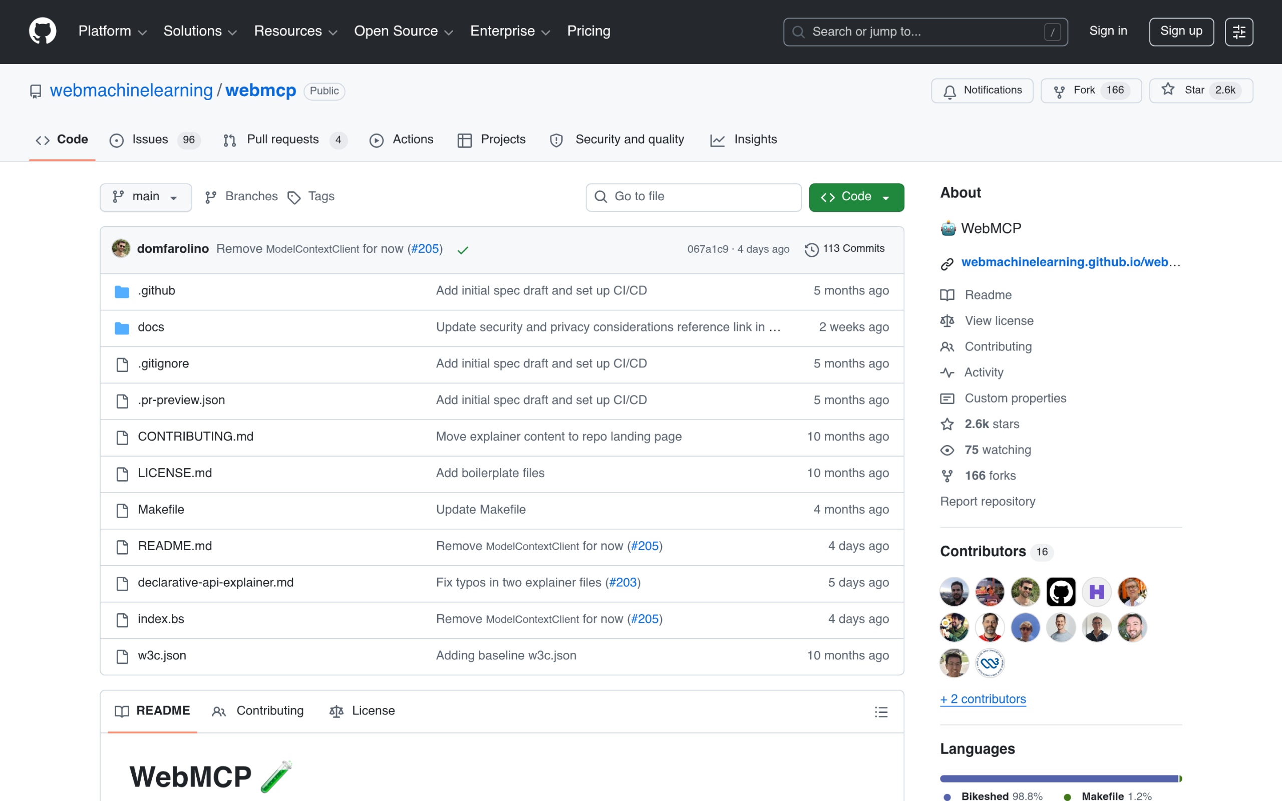 WebMCP specification on GitHub describing in-page MCP servers in the browser