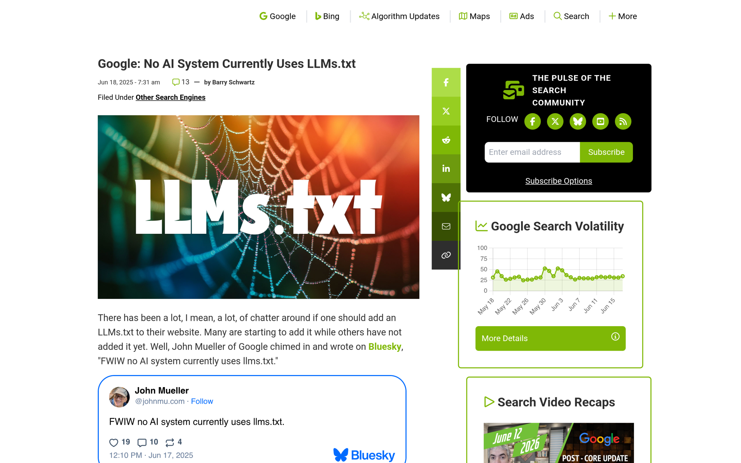 Industry coverage confirming Google says no AI system currently uses llms.txt