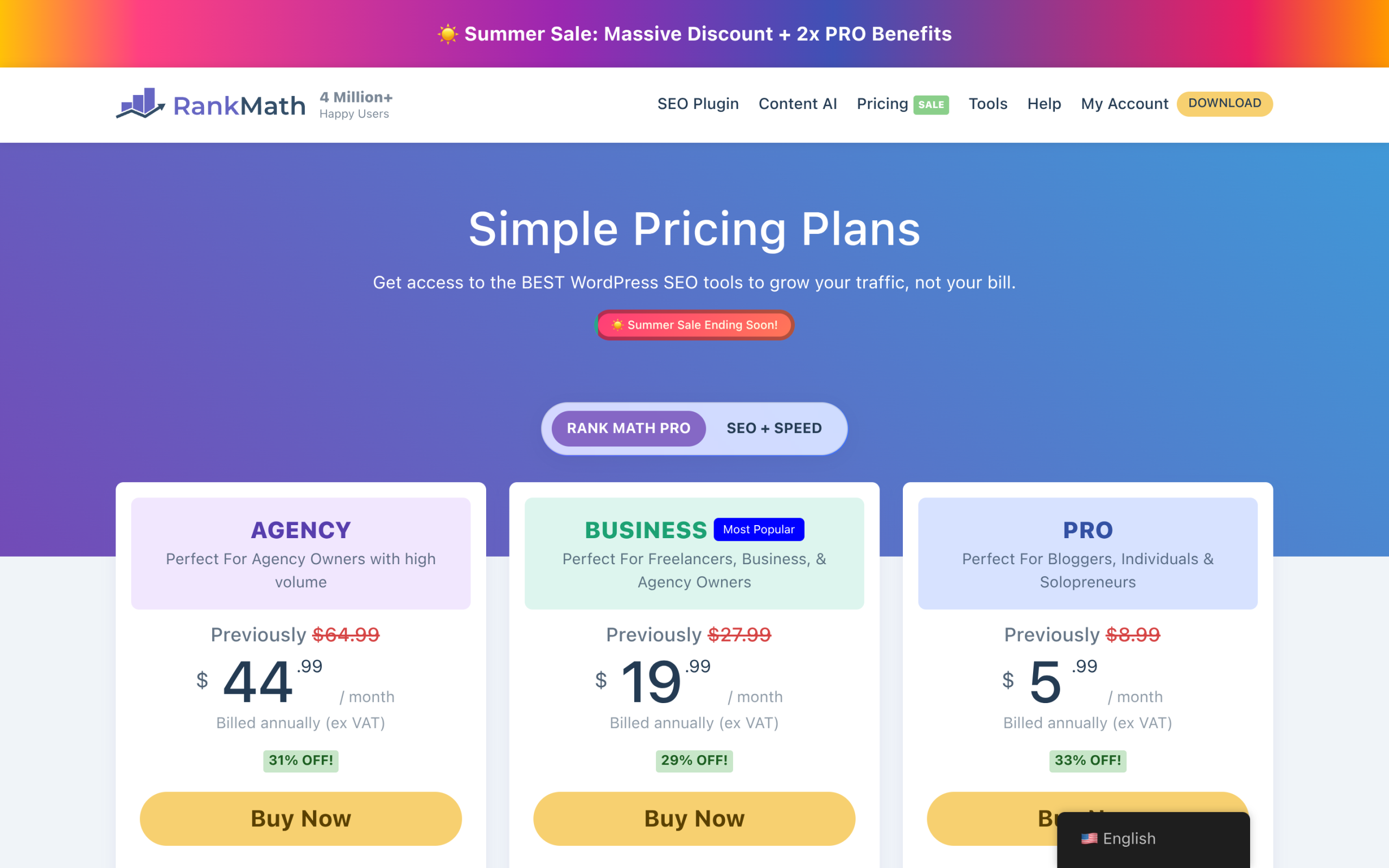Rank Math pricing page showing PRO Business and Agency plans