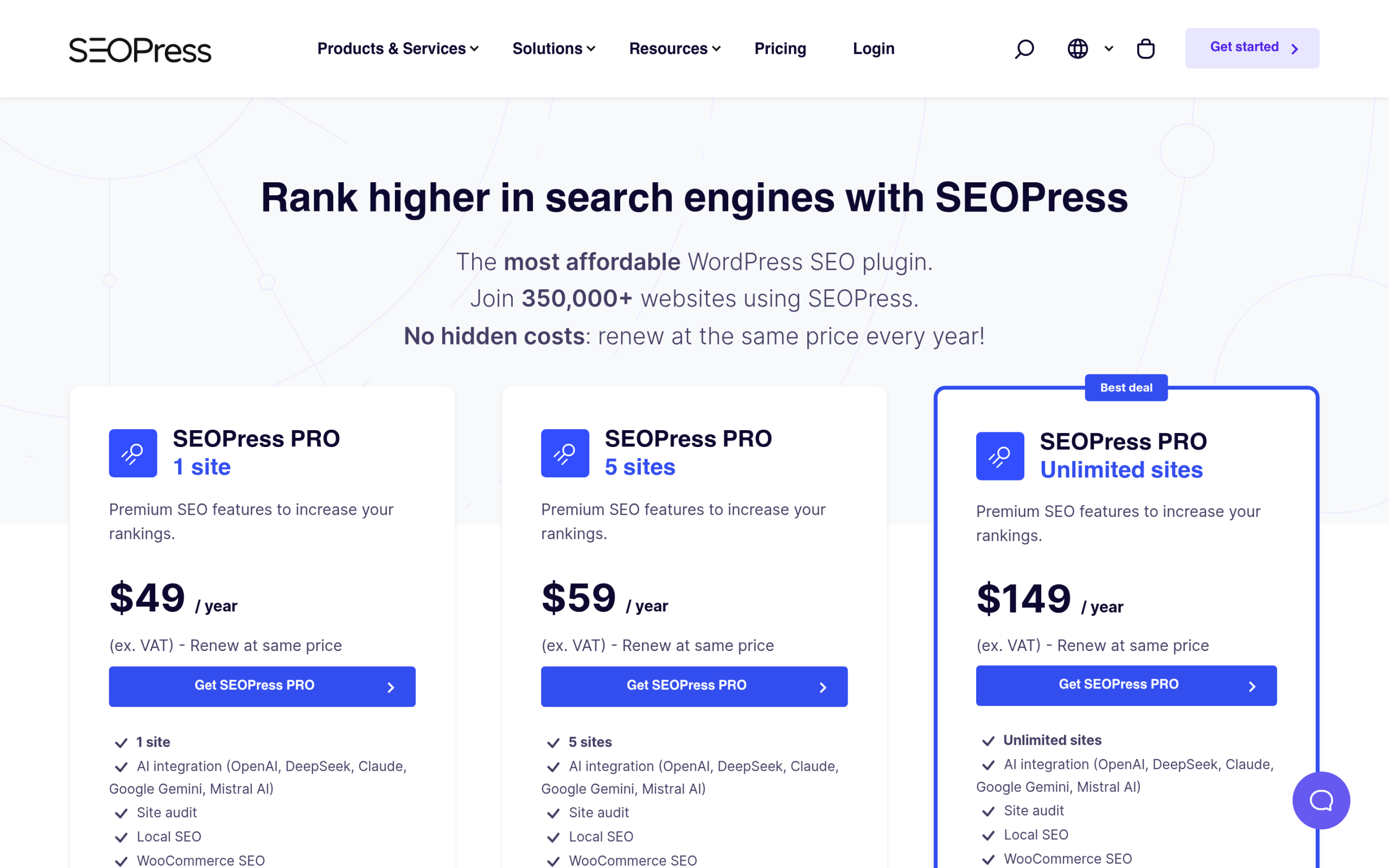 SEOPress pricing page showing the free plan and PRO from 49 dollars per year