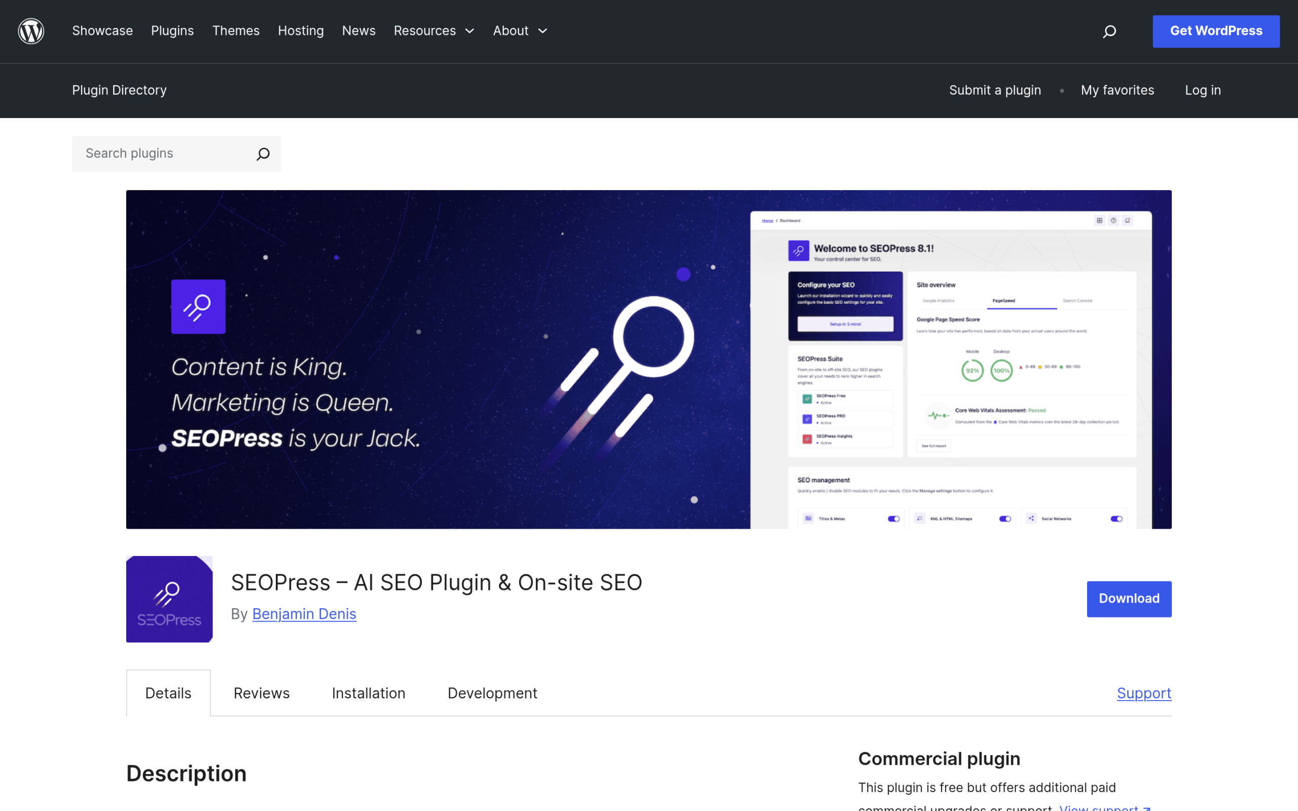 SEOPress plugin listing on WordPress.org showing 300,000+ active installs