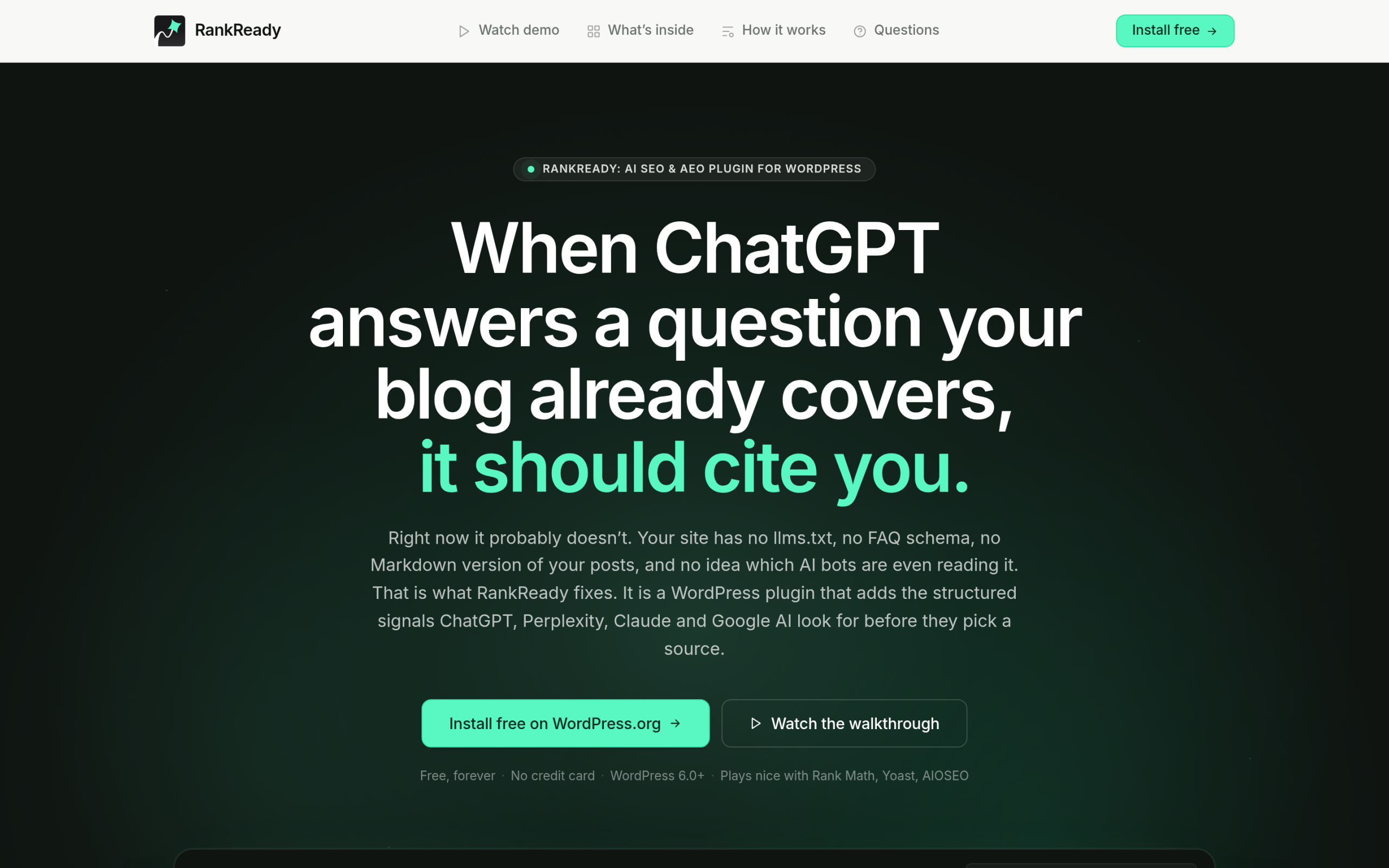 RankReady AI SEO plugin store page showing answer engine optimization features
