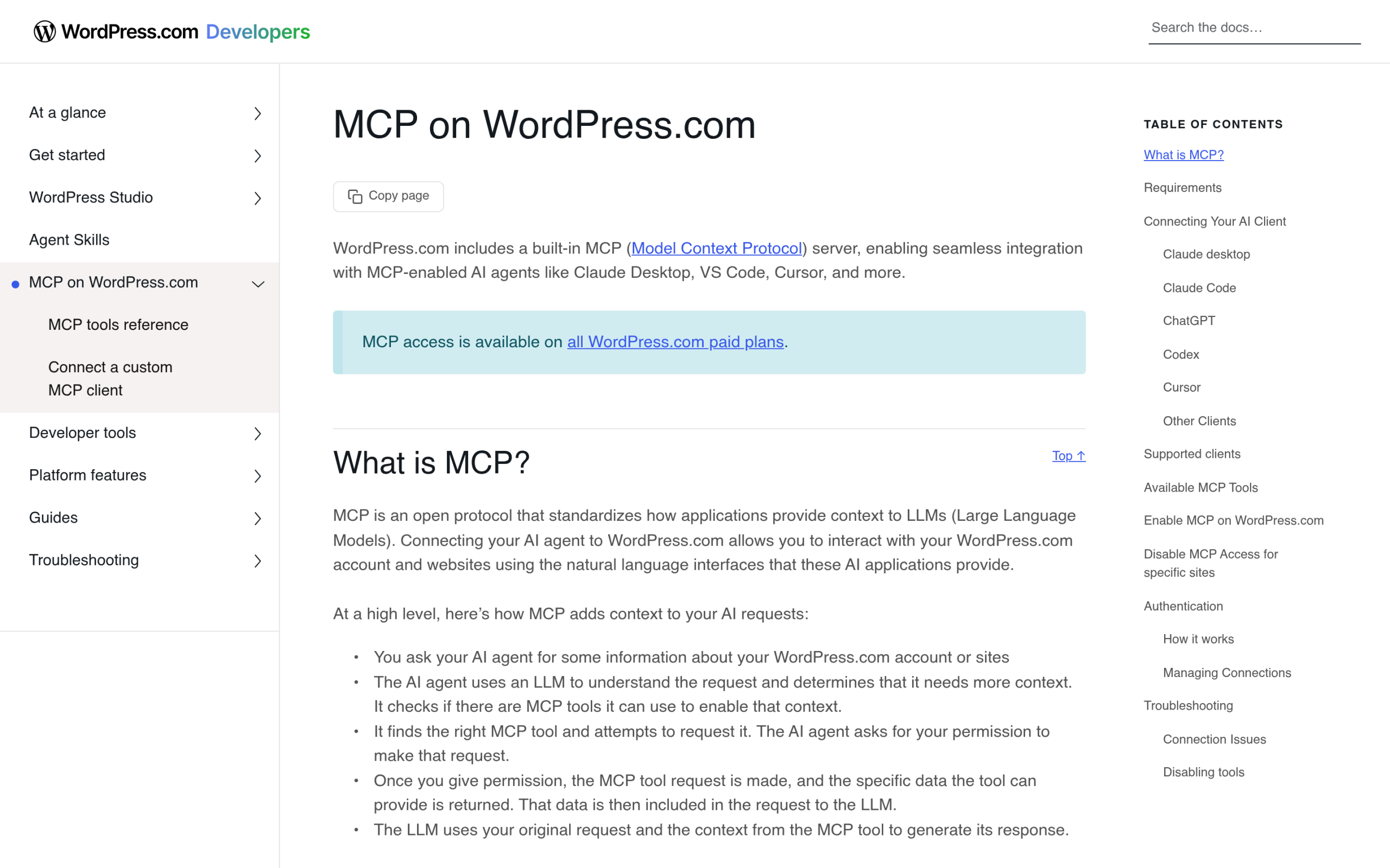 WordPress.com MCP server documentation for connecting AI agents