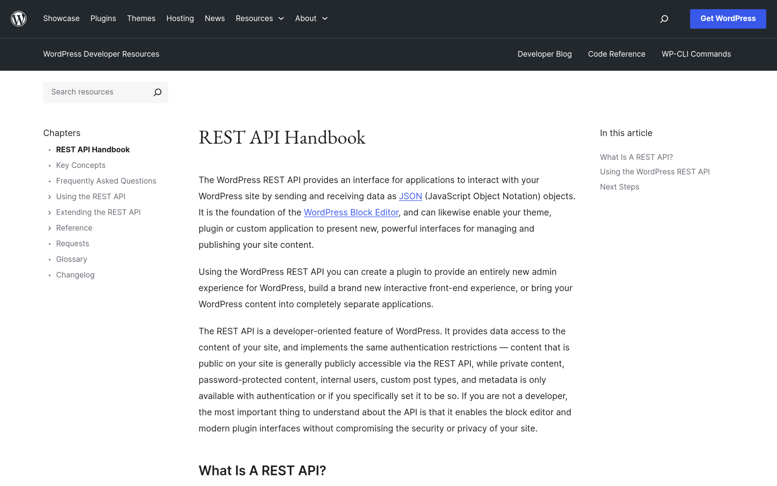 WordPress REST API developer handbook page