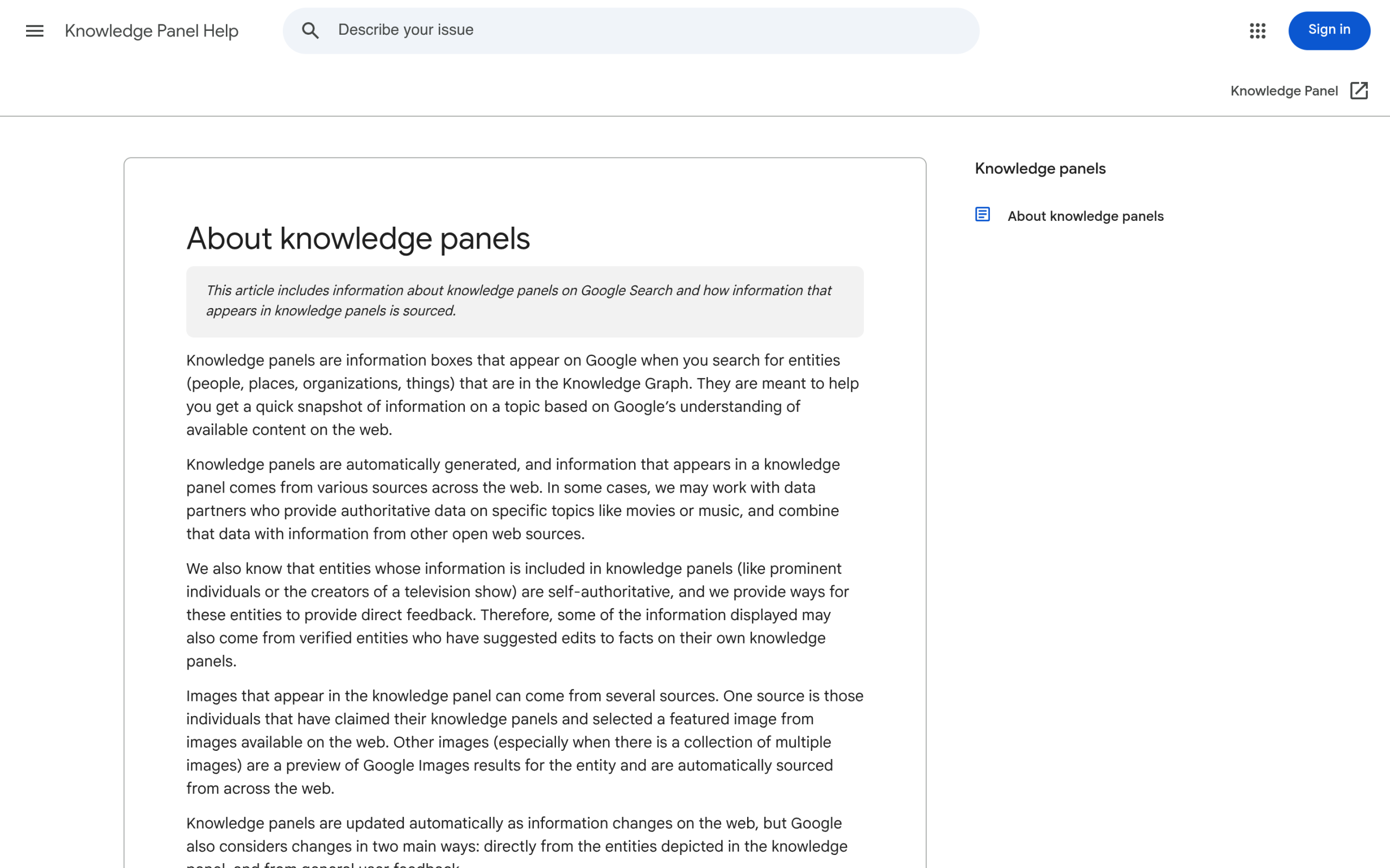 Google knowledge panel documentation describing entities in the Knowledge Graph