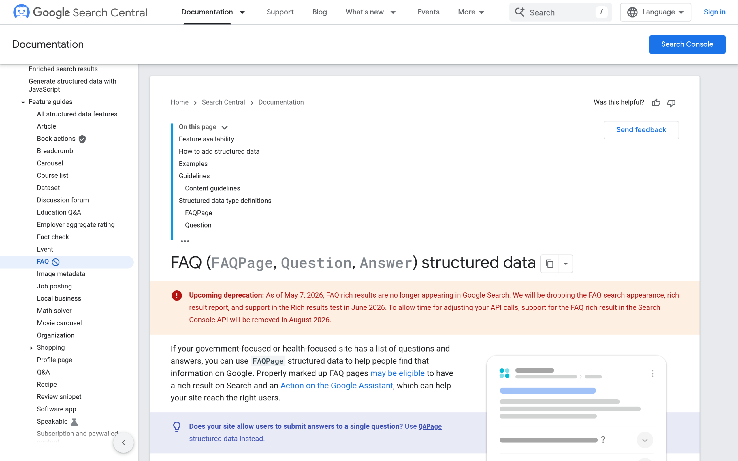 Google FAQPage structured data documentation showing May 2026 deprecation for most sites