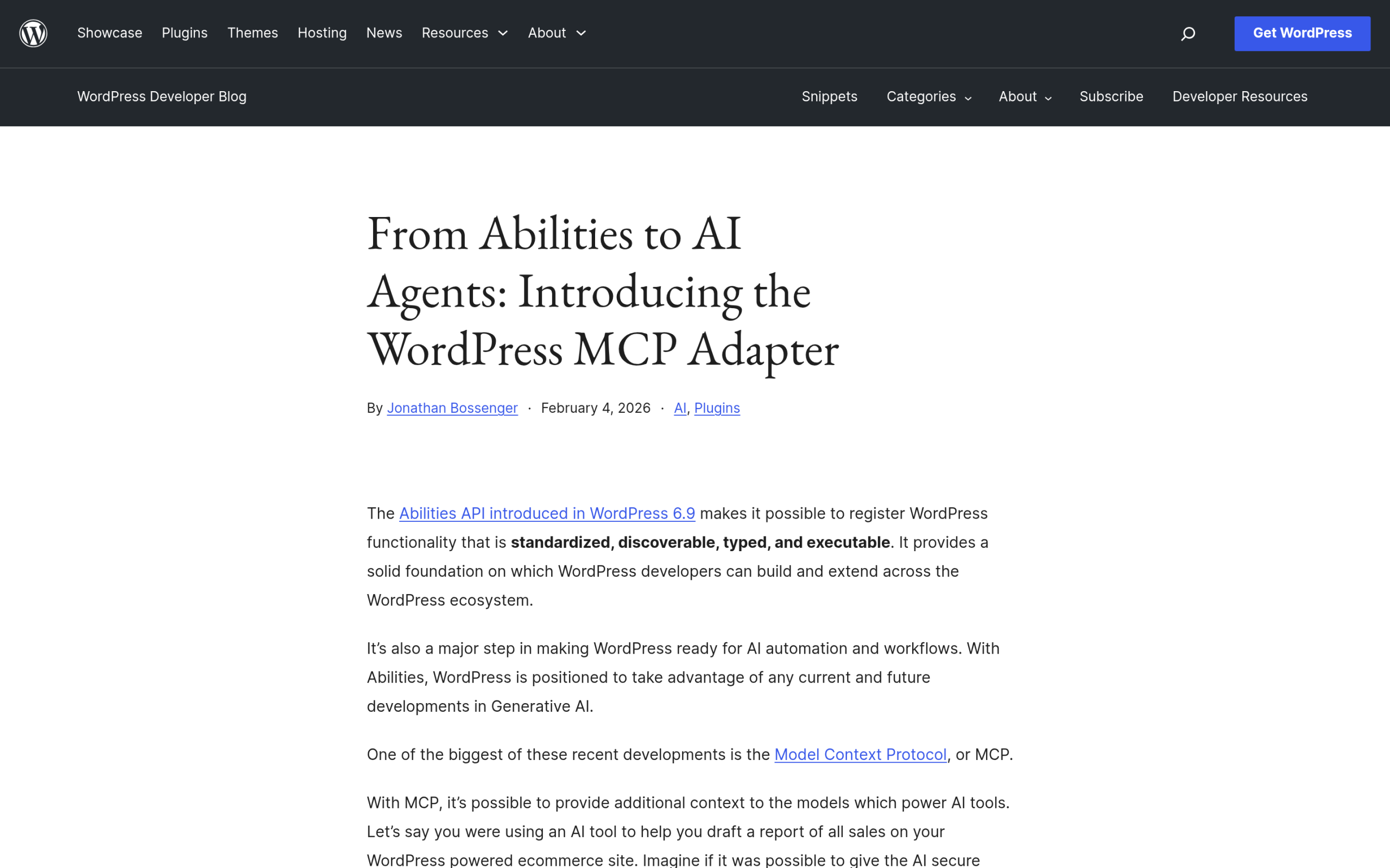 WordPress MCP Adapter announcement on the WordPress Developer Blog