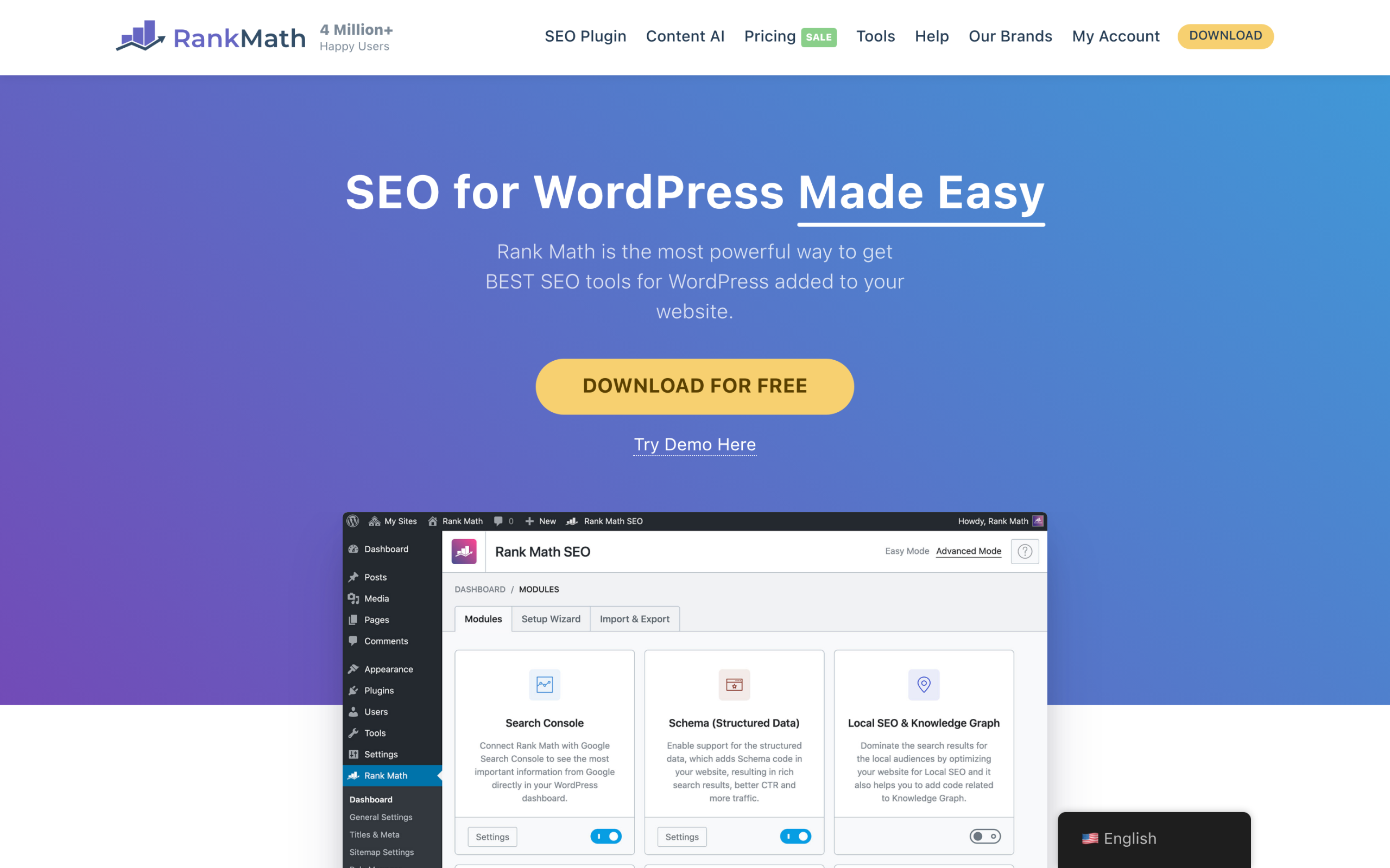 Rank Math SEO dashboard overview in WordPress